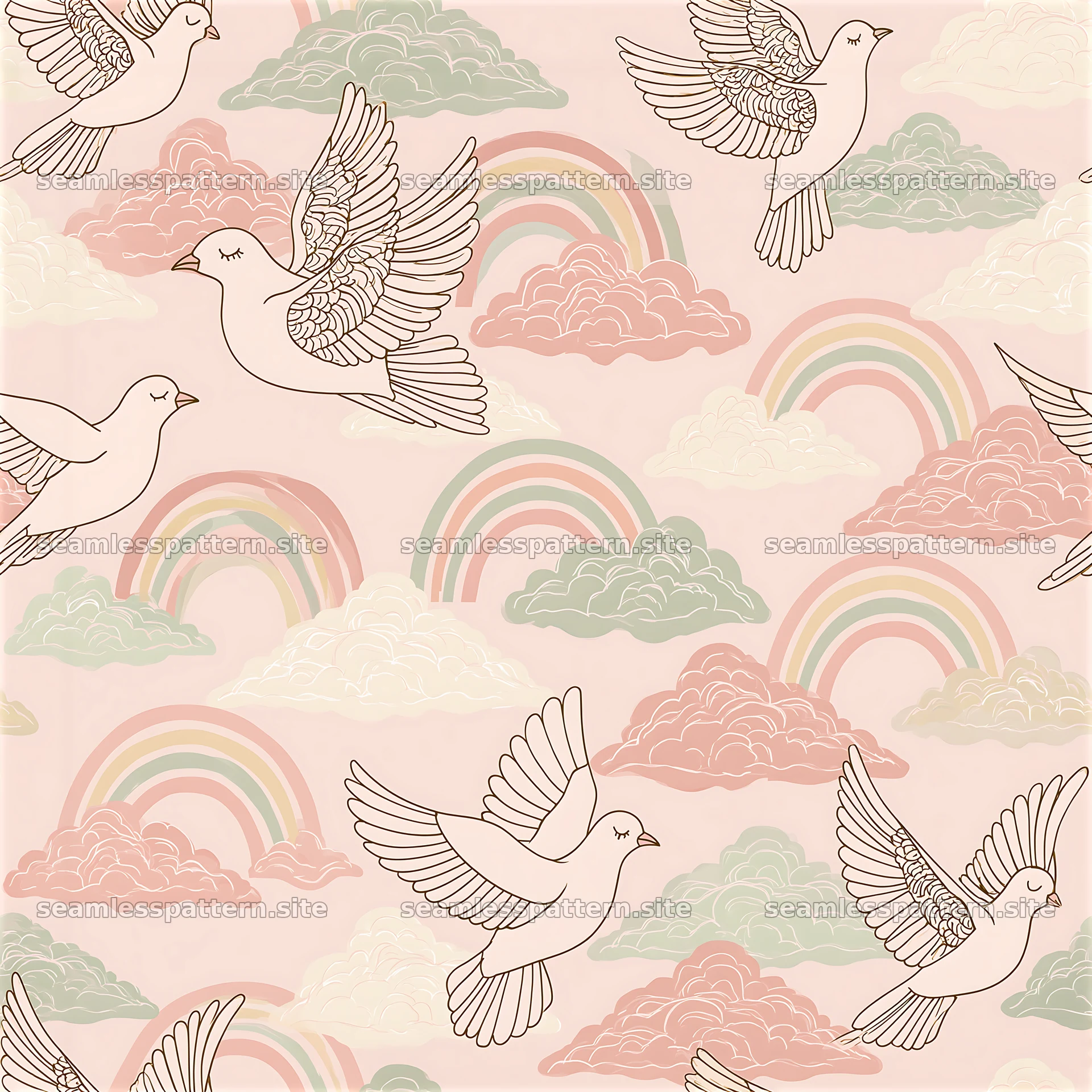 Seamless pattern featuring doves, rainbows and gentle pastel clouds