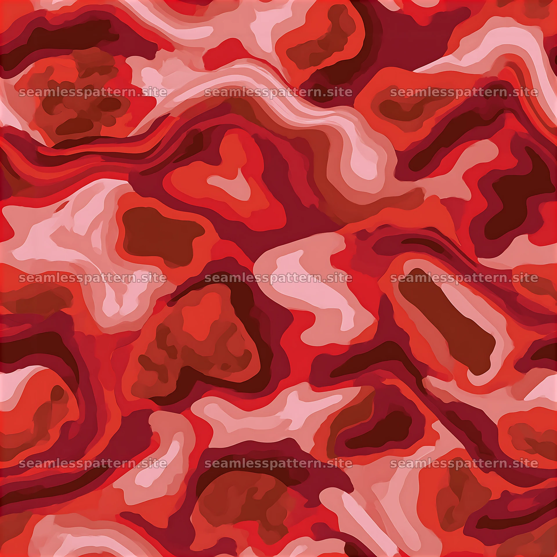 Red organic camouflage repeat pattern with flowing shapes and tones