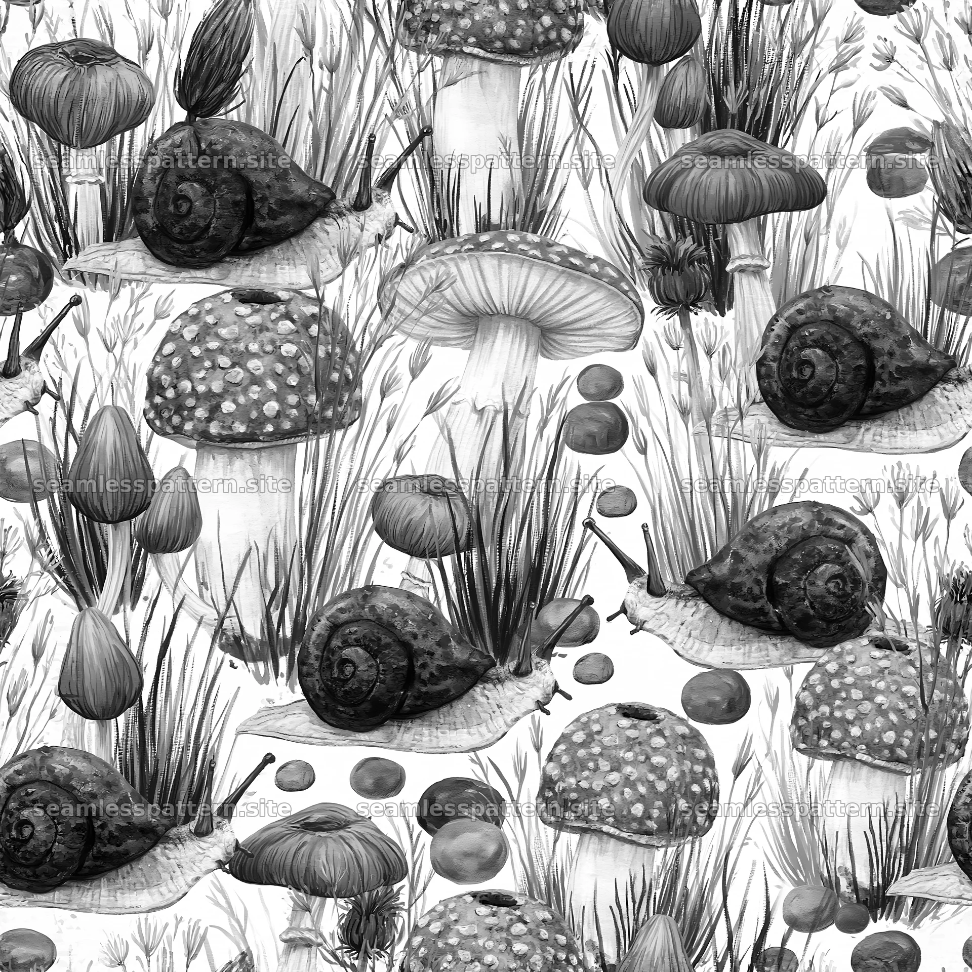 Seamless pattern featuring cute snails and mushrooms