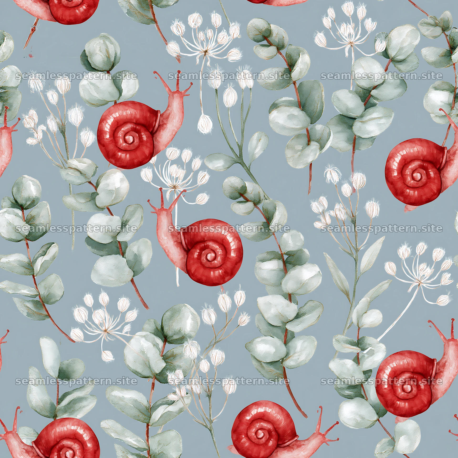 Red snail watercolor seamless pattern for fabric and wallpaper