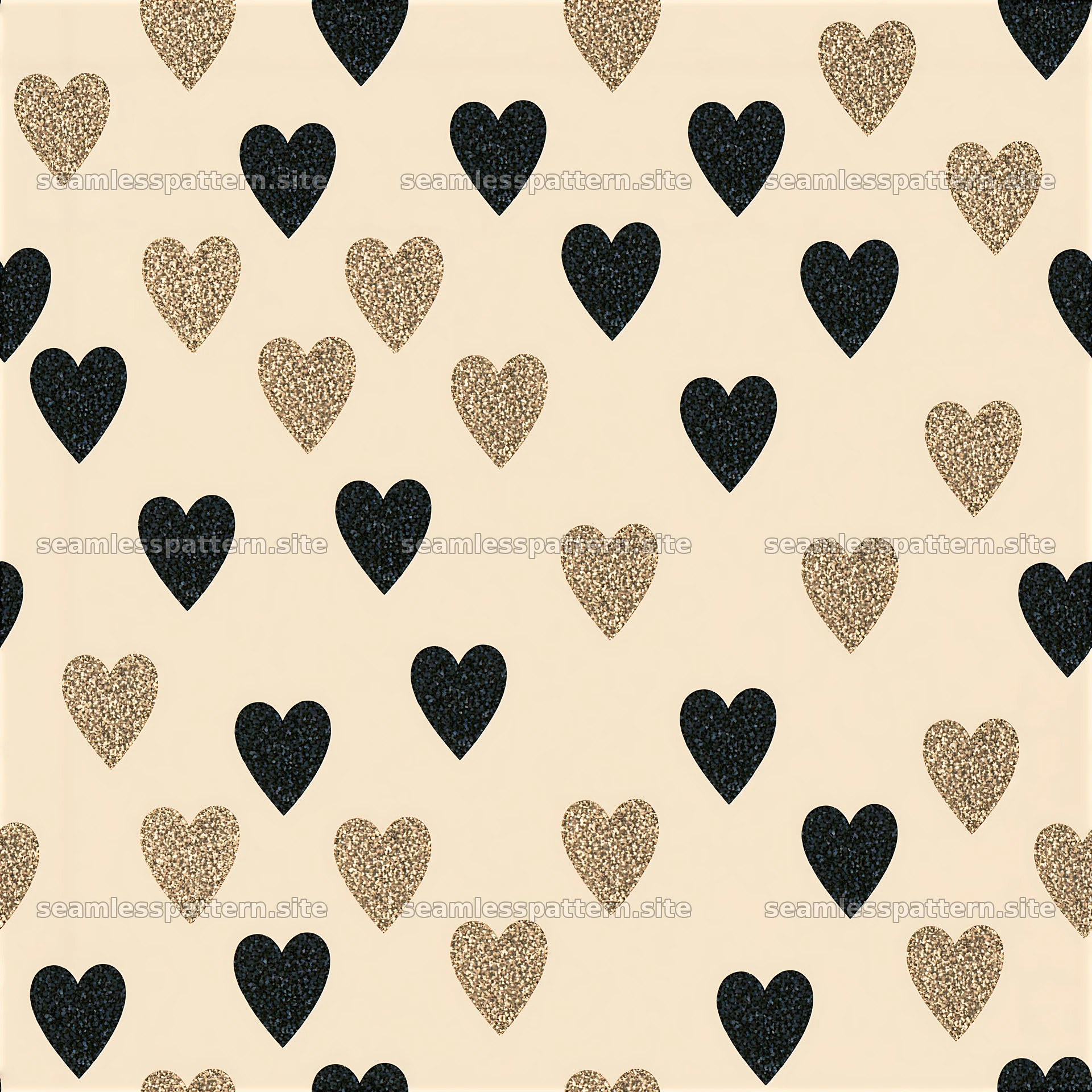 Seamless glitter heart pattern in black and gold on light background