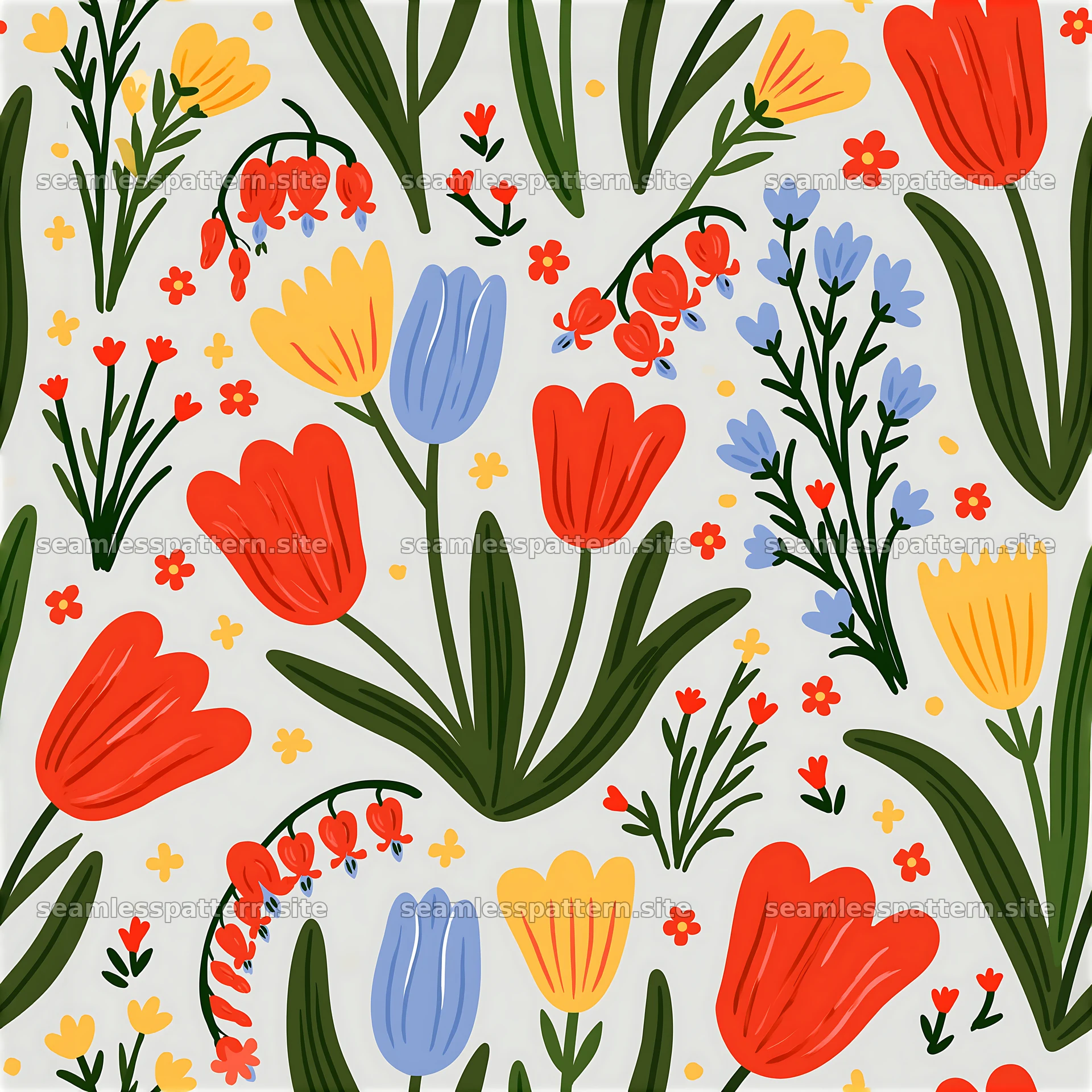 Bold floral seamless pattern with various colorful flowers