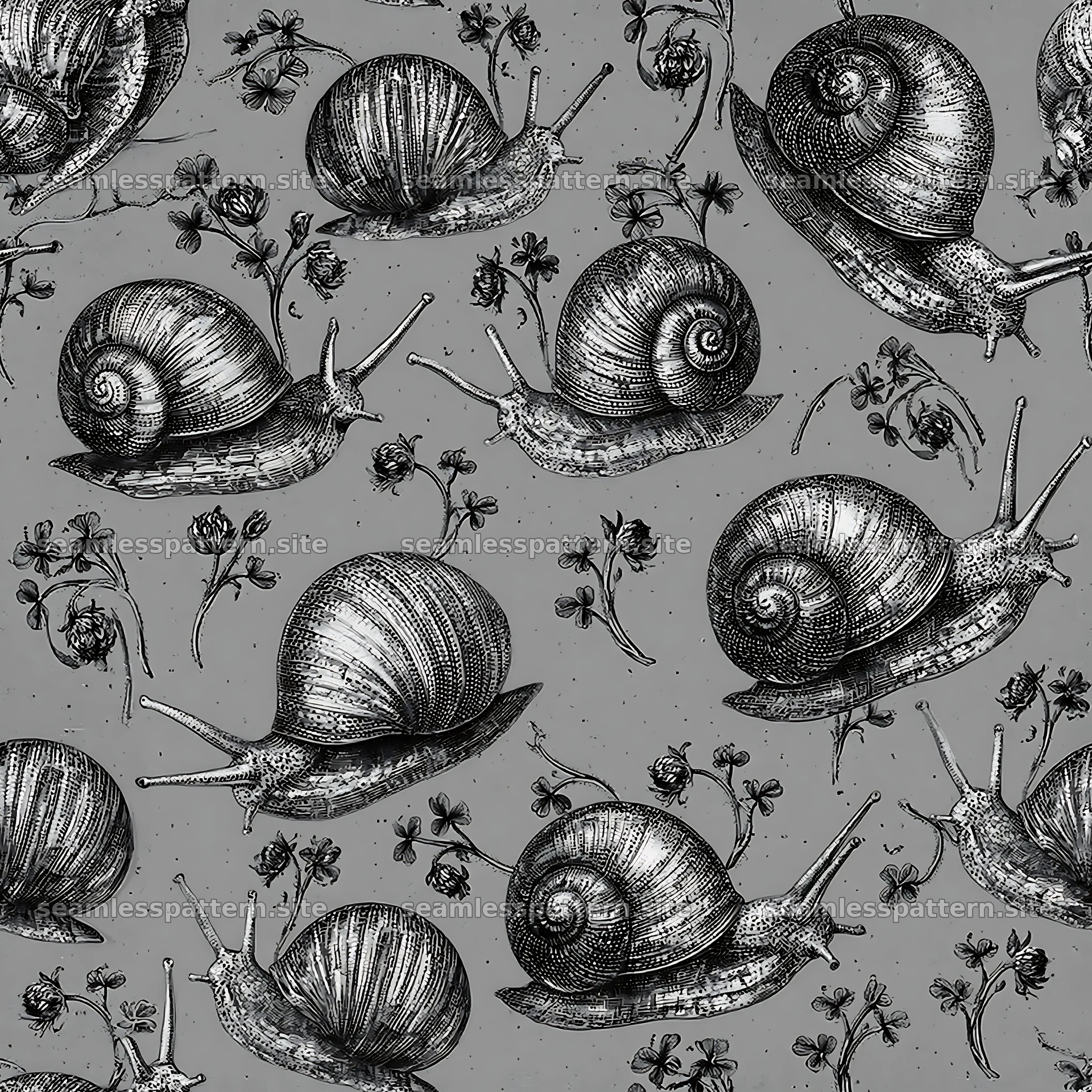 Red snail seamless pattern with floral elements in monochrome
