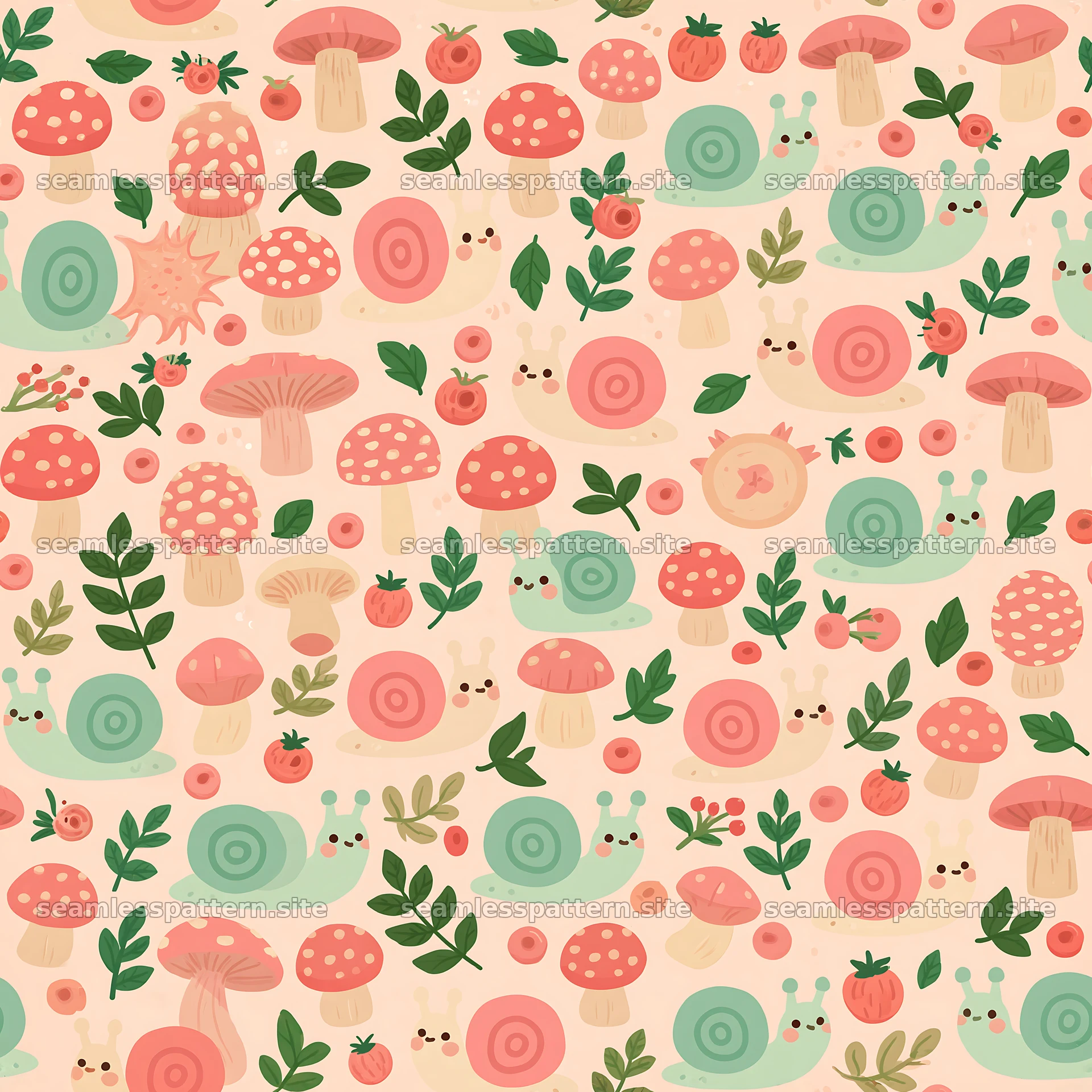 Seamless pattern with cute snails and mushrooms for textiles