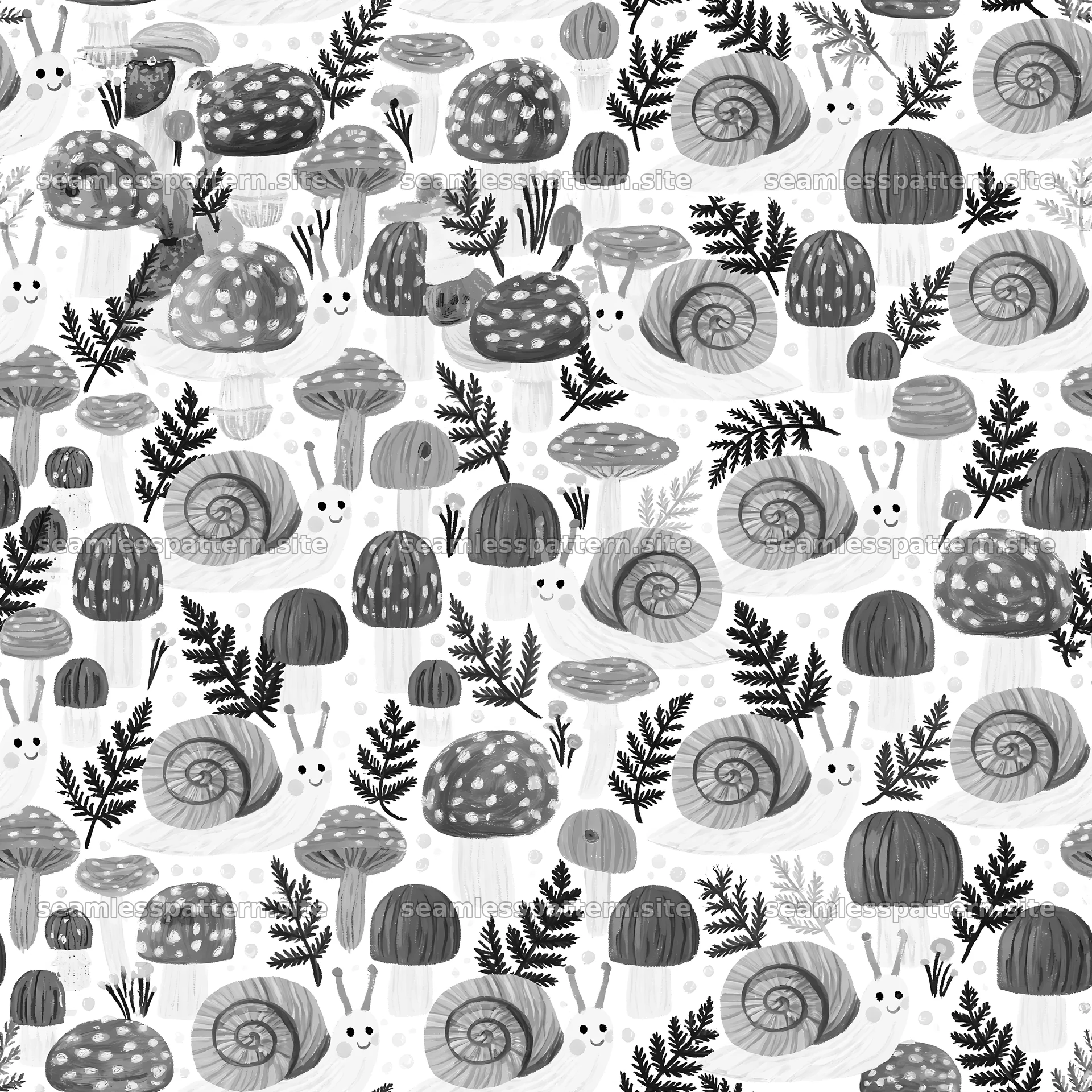 Seamless pattern featuring cute snails and mushrooms