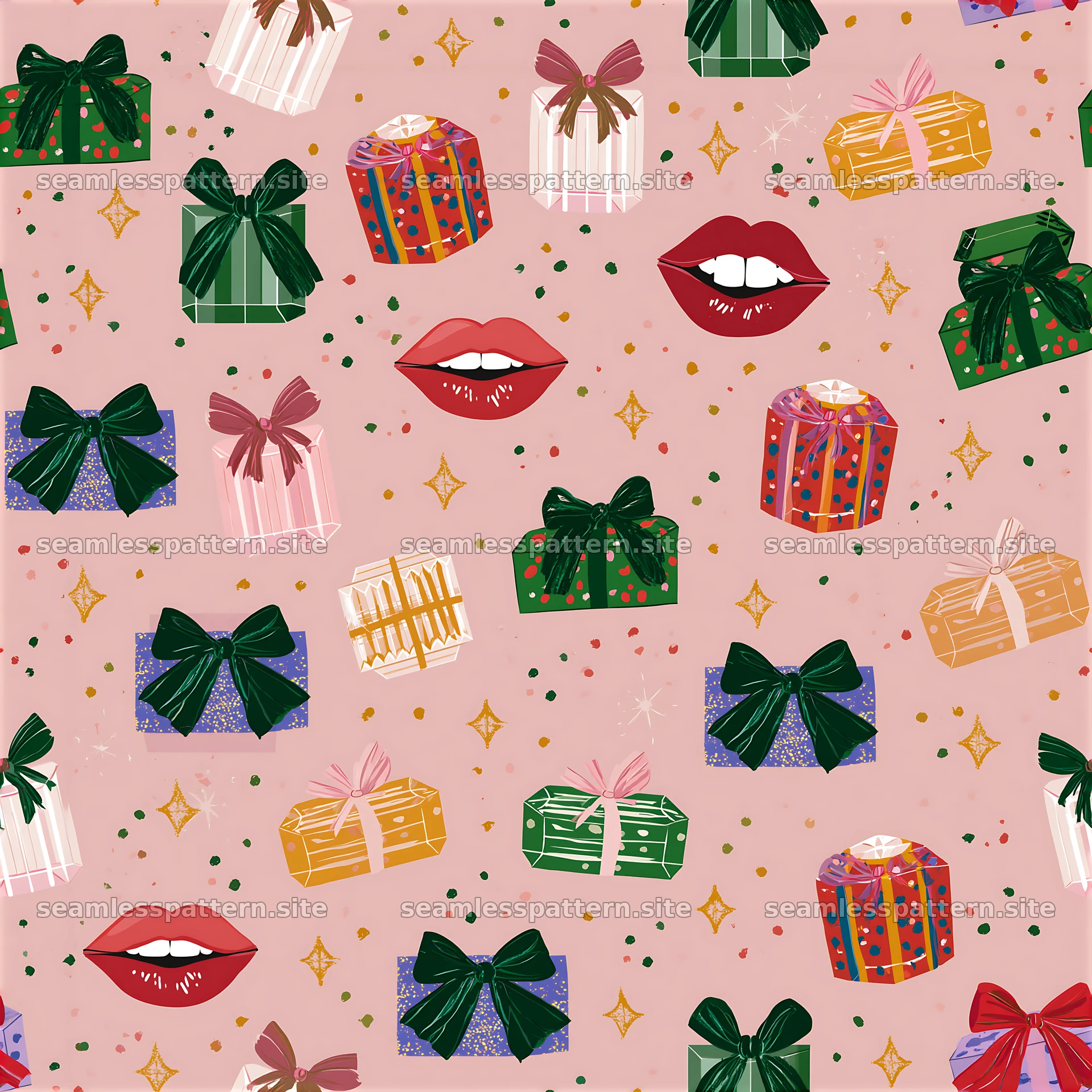 Repeat pattern of kissing lips and colorful presents