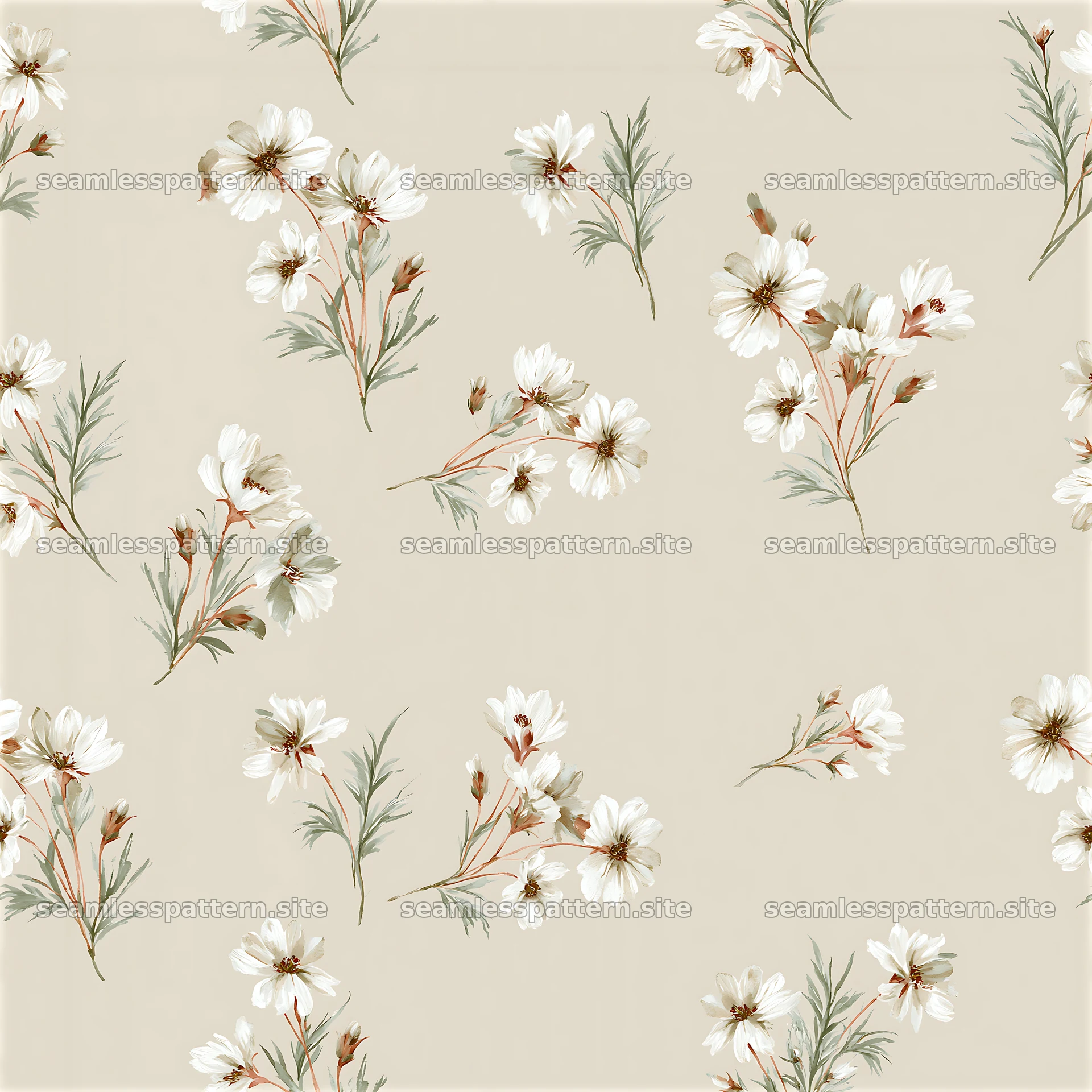 Tileable watercolor floral sprig pattern in soft neutral tones