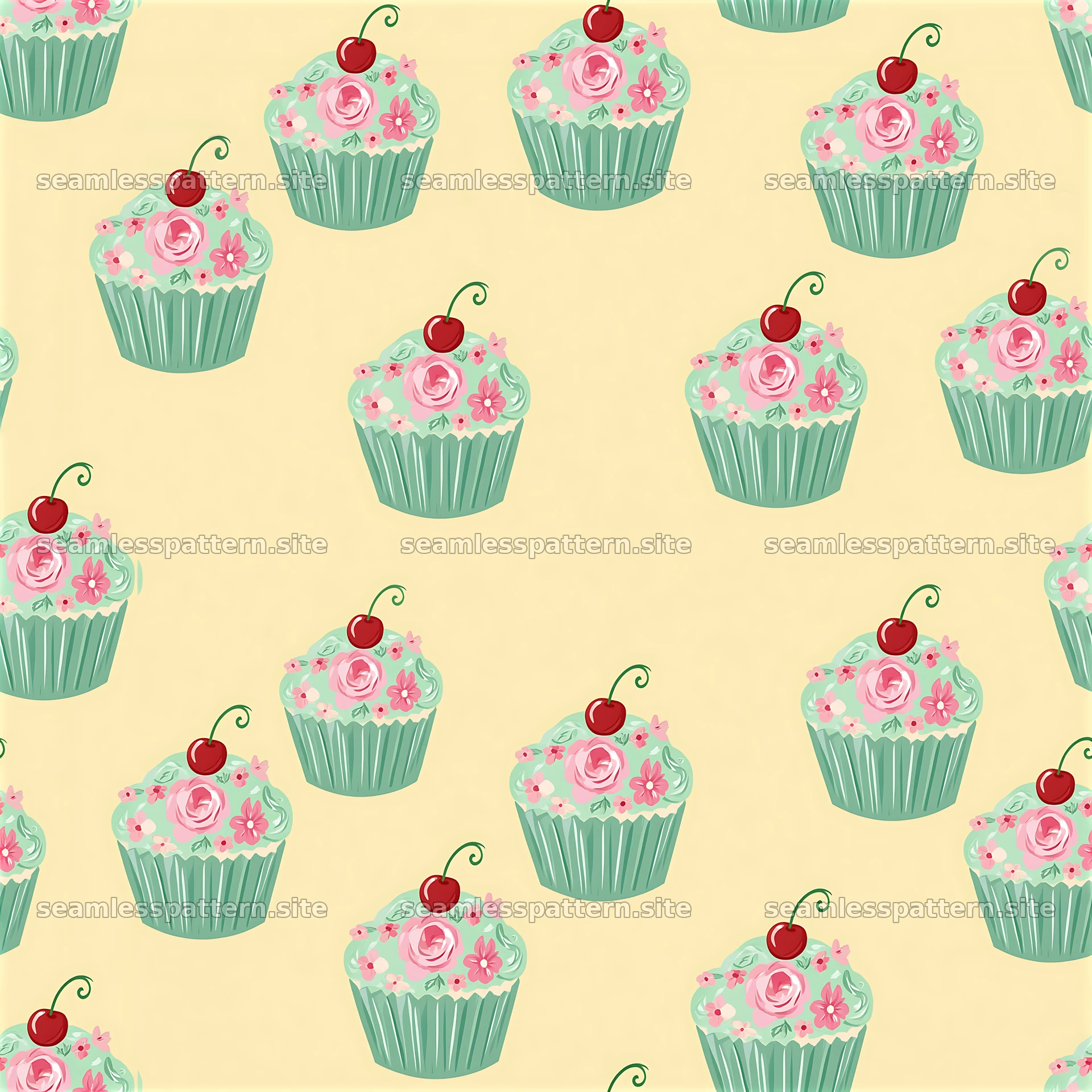 Romantic cupcake seamless pattern with colorful decorations