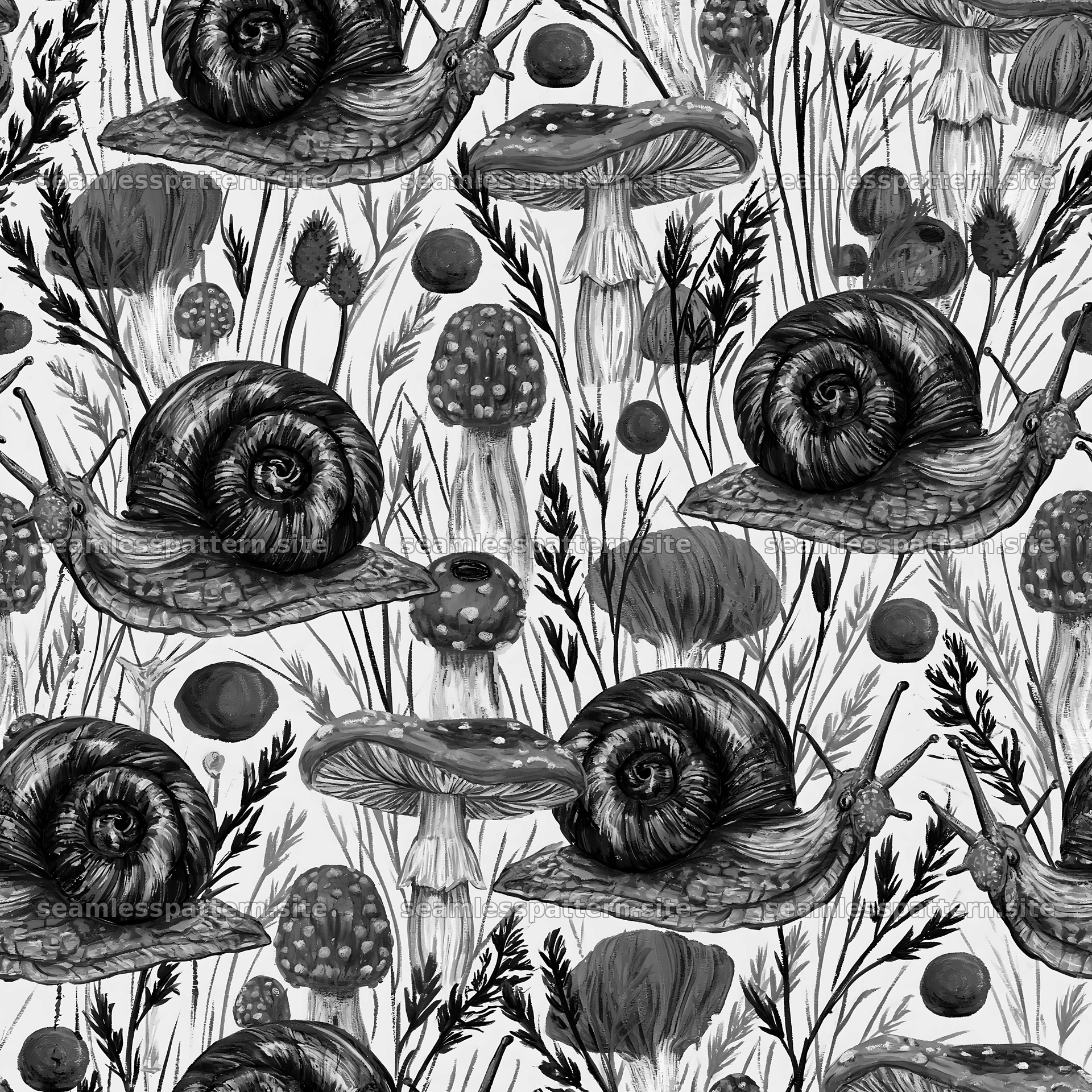 Seamless pattern featuring cute snails and mushrooms