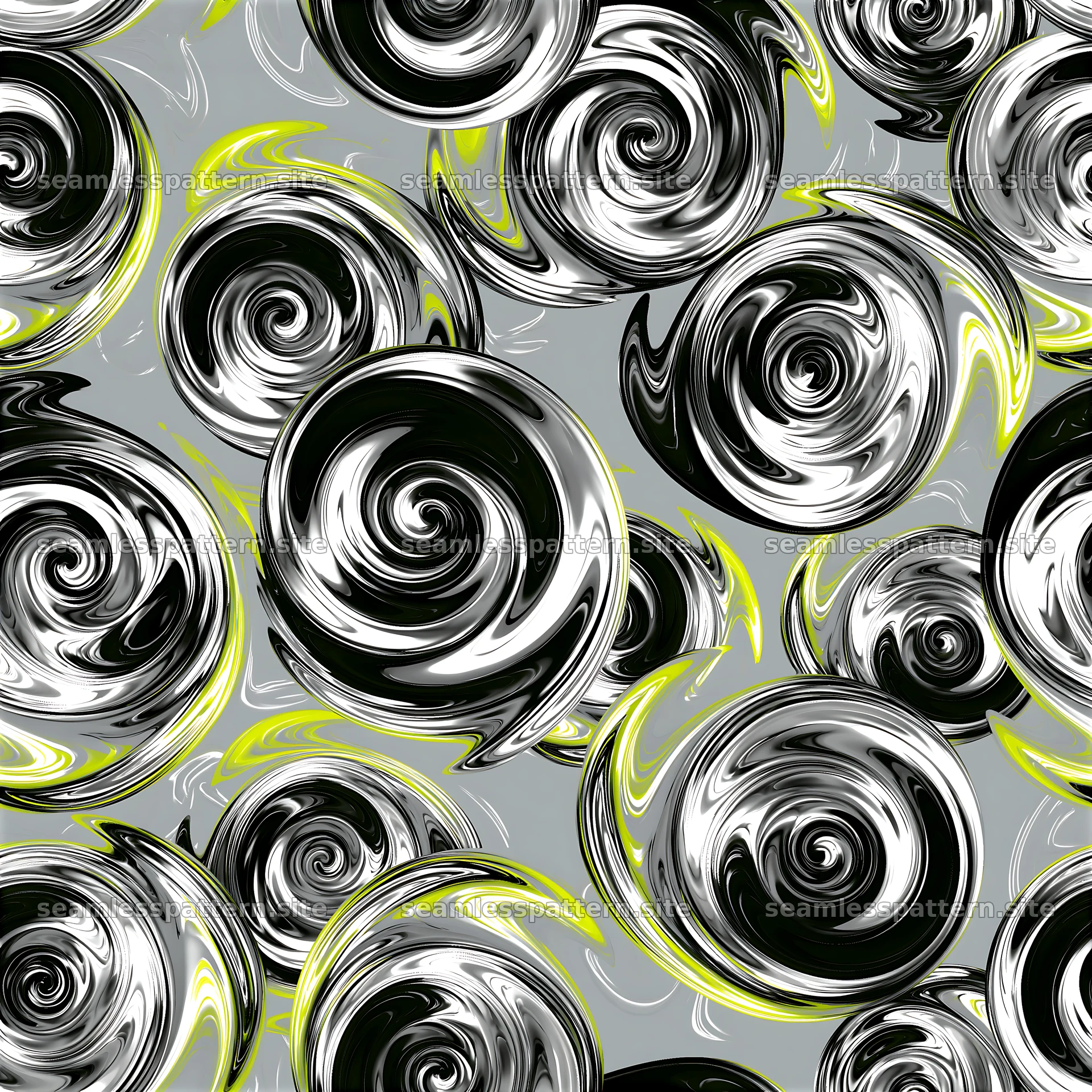 Abstract polished swirls seamless pattern in black and yellow colors