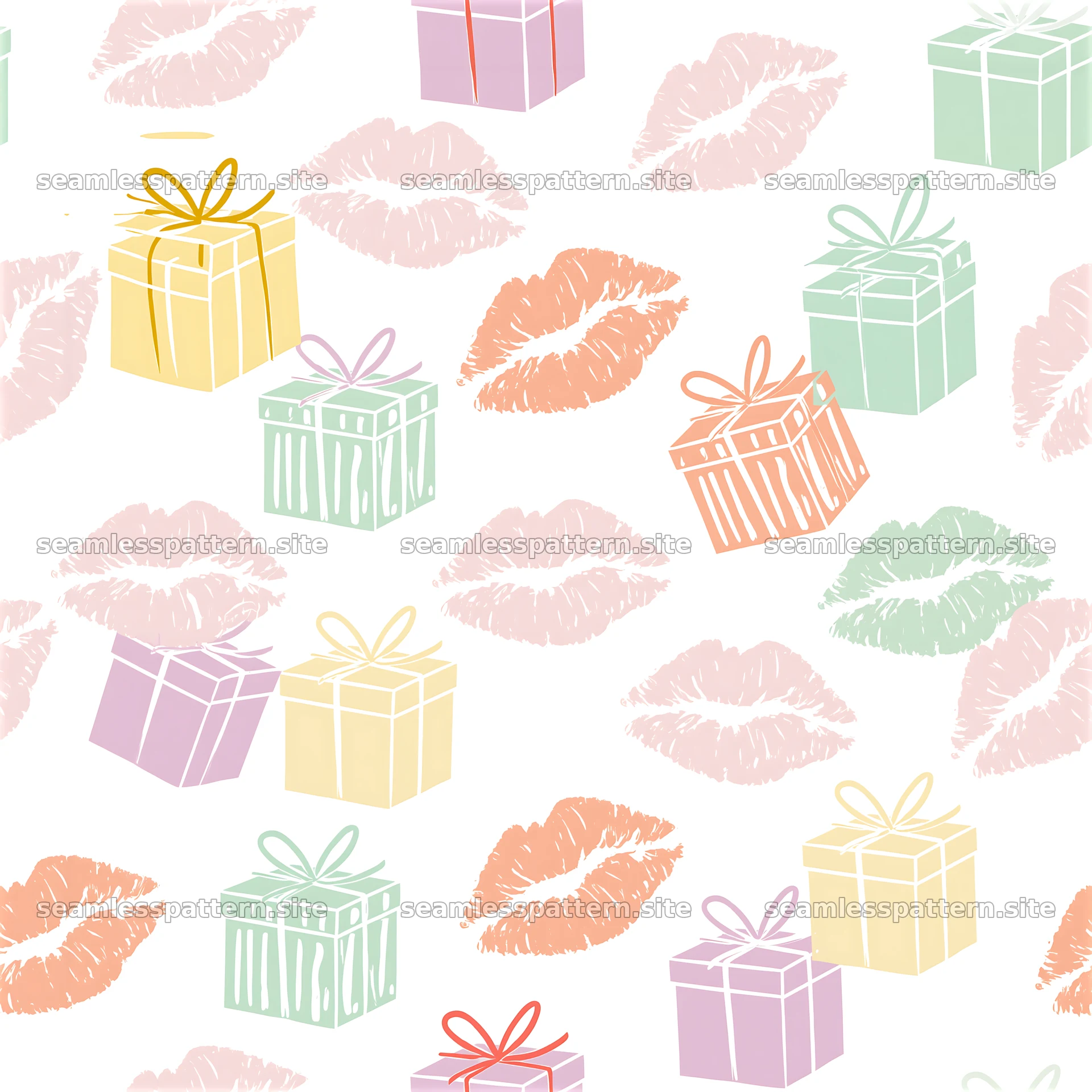 Seamless pattern of kiss prints with colorful gift boxes on a bright surface