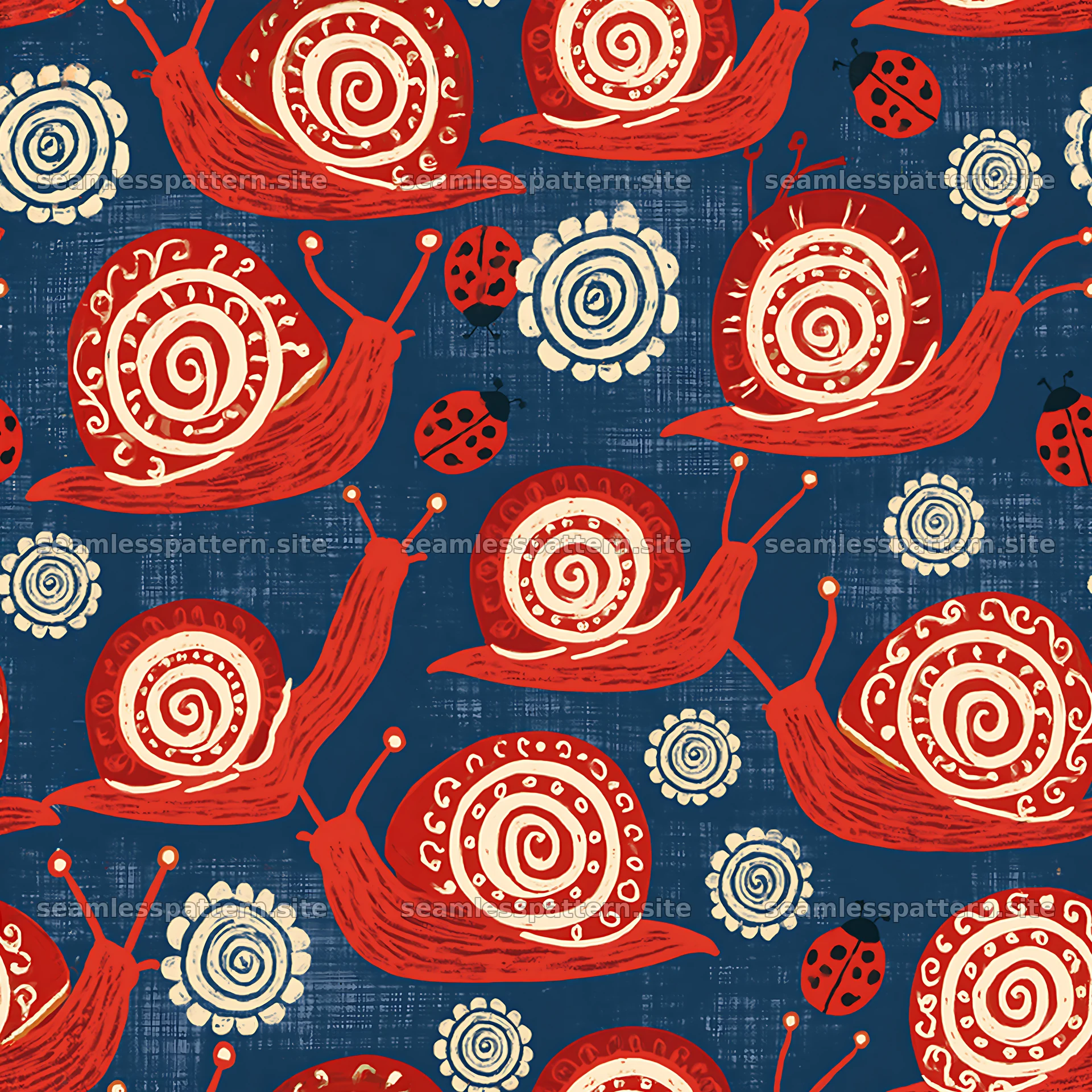 Red snail pattern with ladybugs repeat pattern
