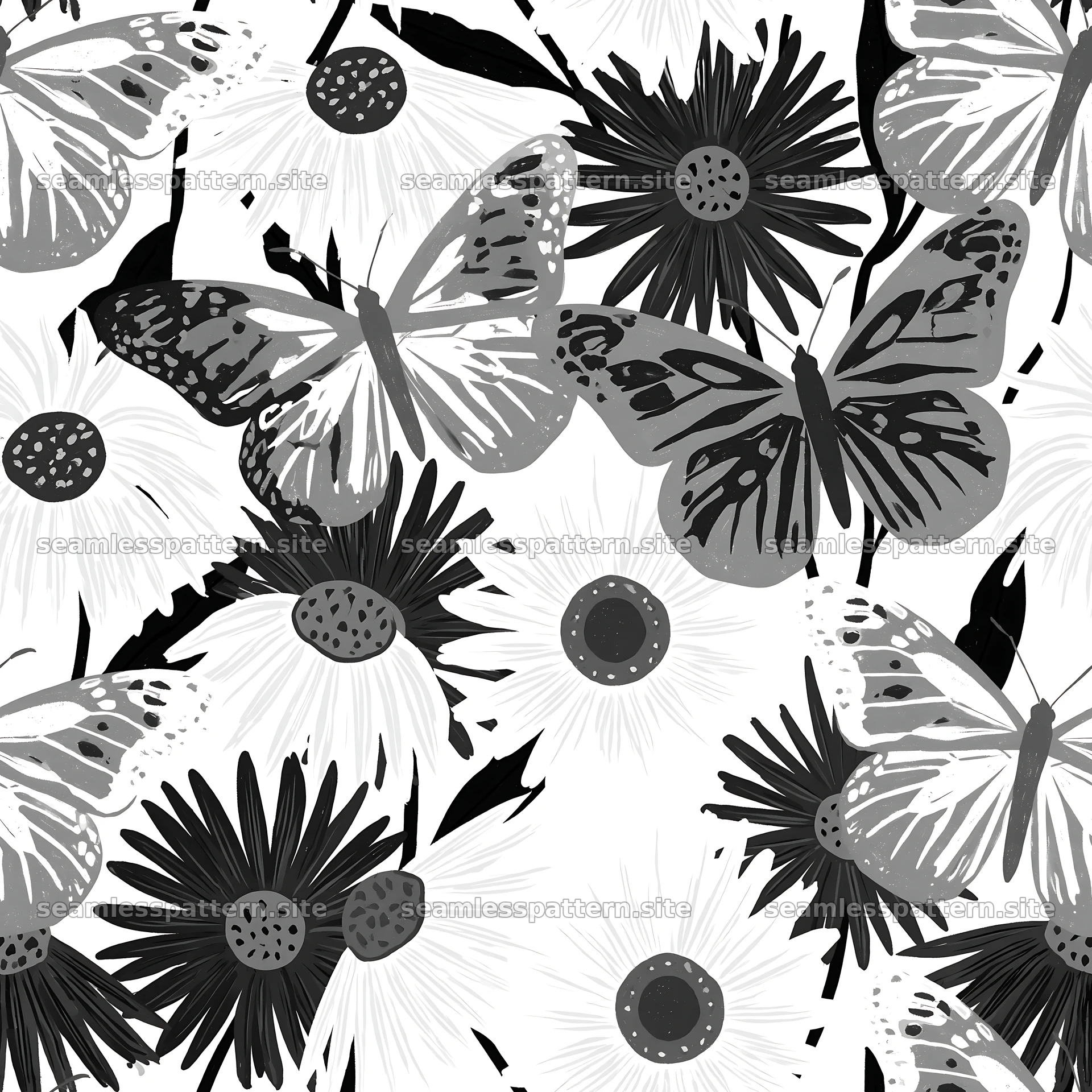 Butterfly and daisy seamless pattern in monochrome style