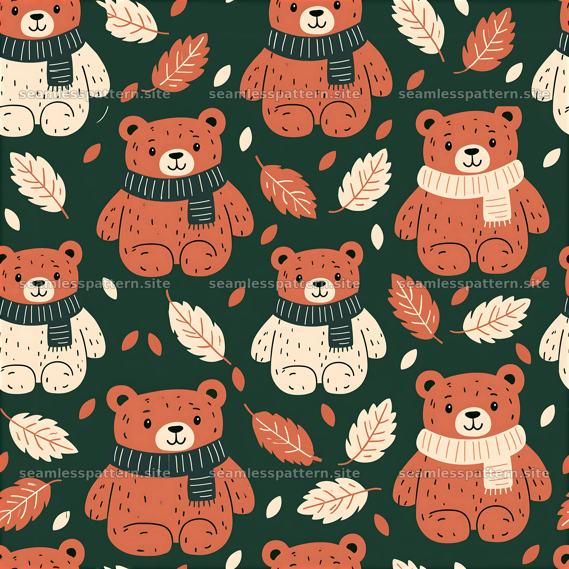 Cute teddy bear seamless pattern in warm colors with leaves