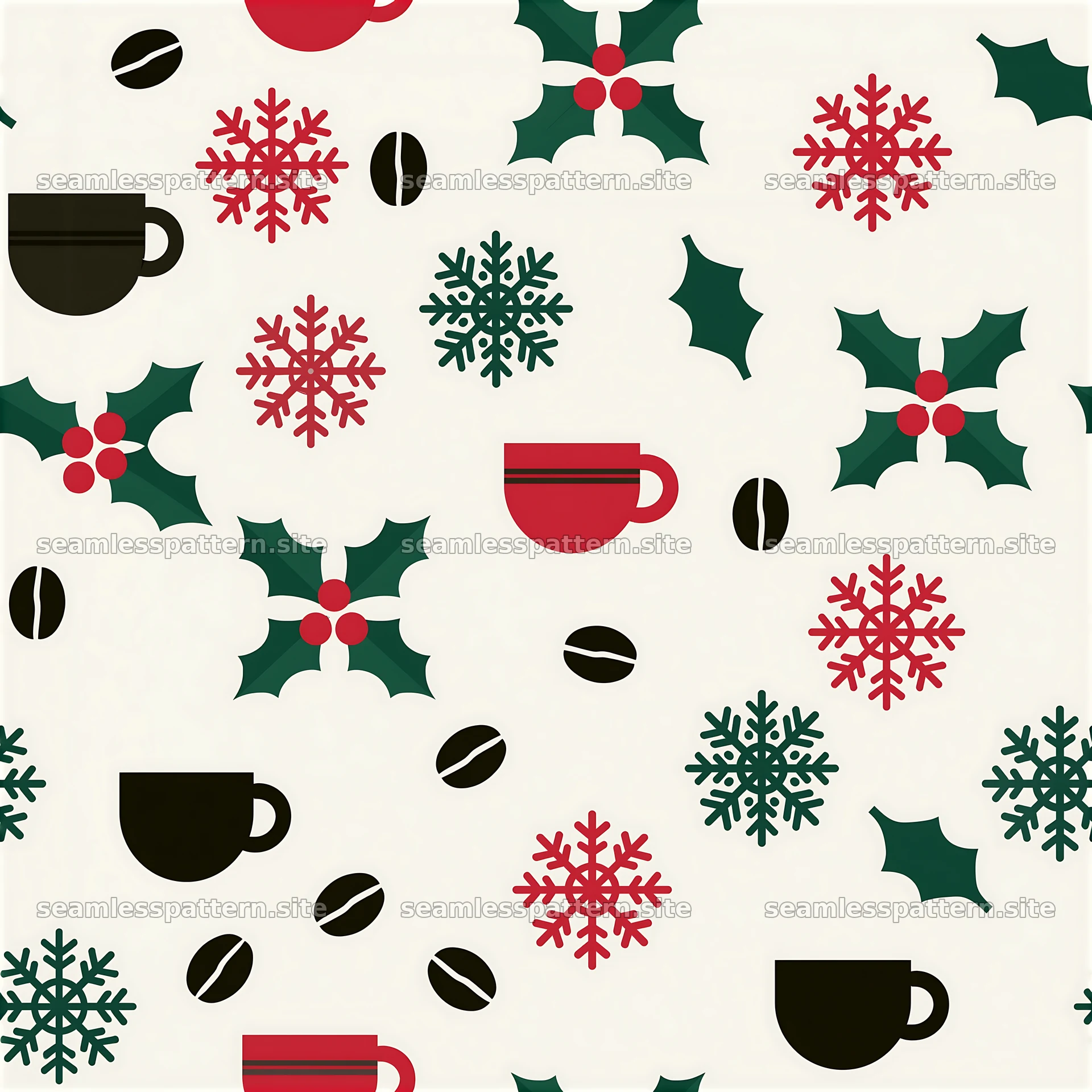 Seamless coffee winter pattern with snowflakes and holly leaves