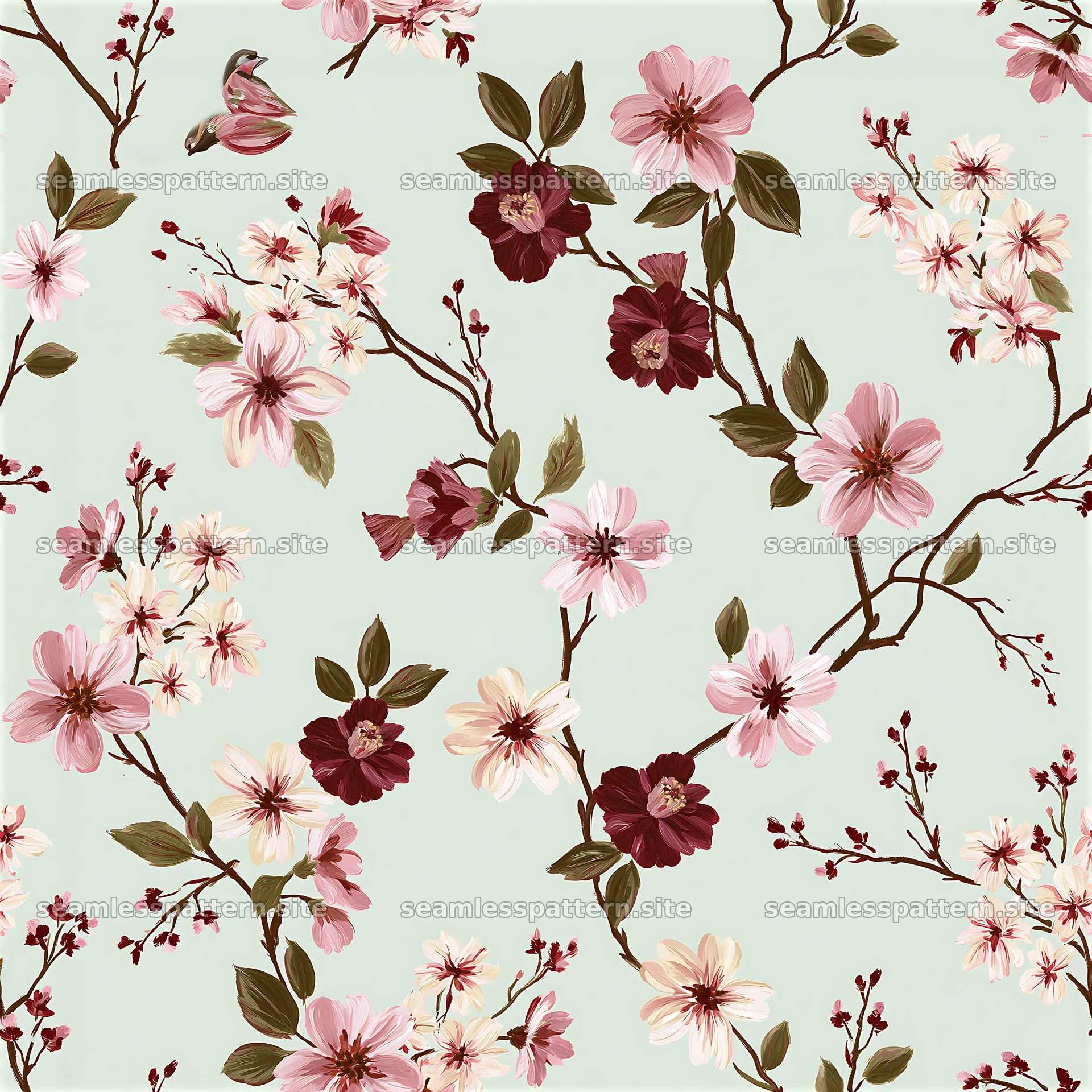 Repeat hand painted floral pattern with branches and leaves
