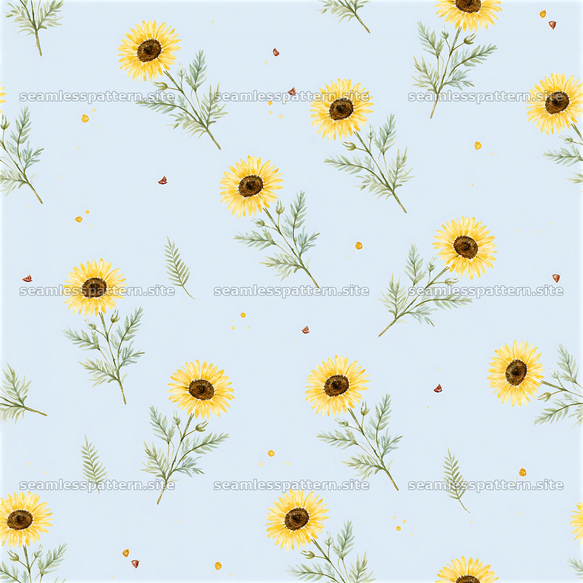 Seamless watercolor sunflower pattern on light blue background