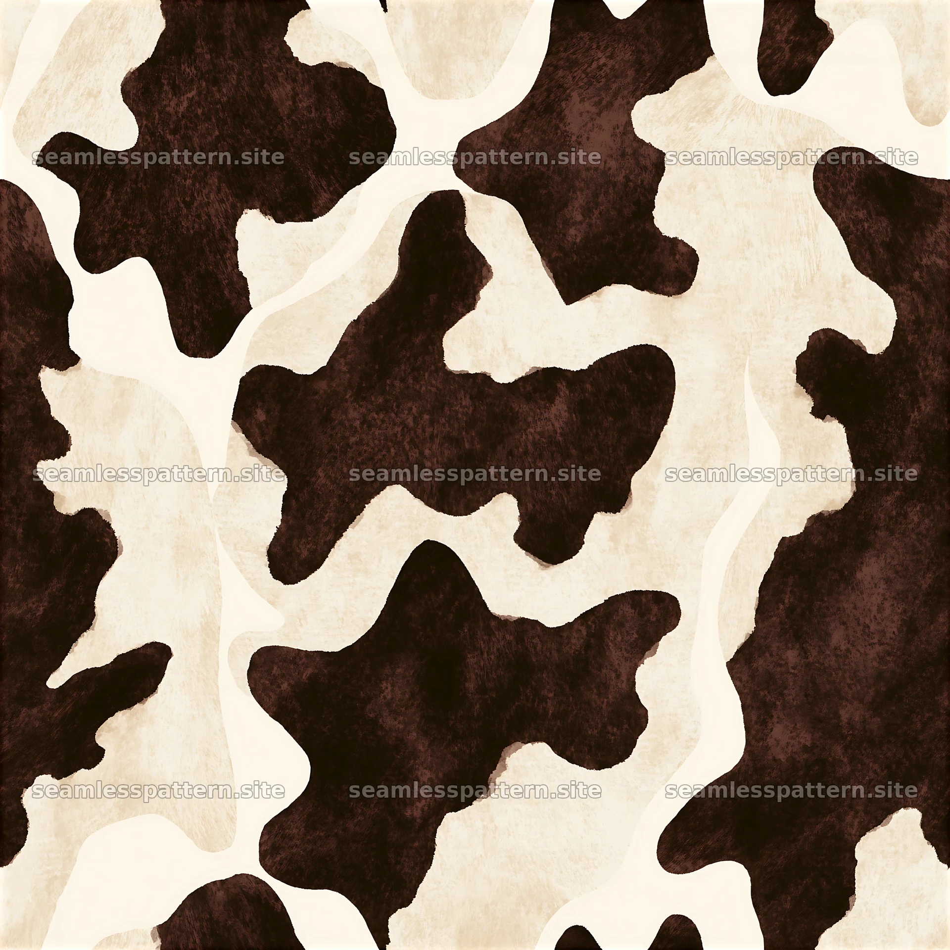 Seamless bold cowhide repeat pattern showcases organic shapes in brown