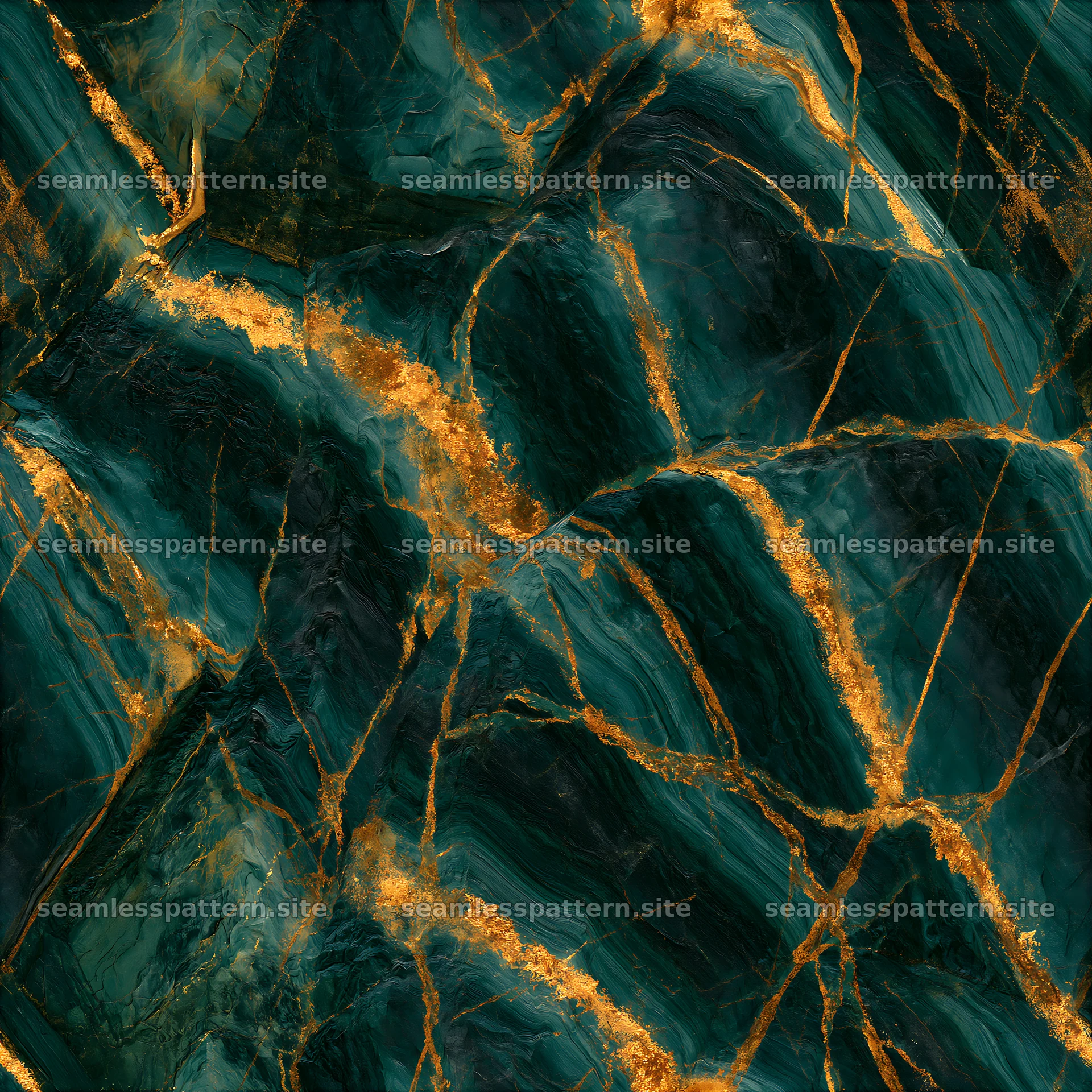 Seamless green and gold marble pattern with rich veining