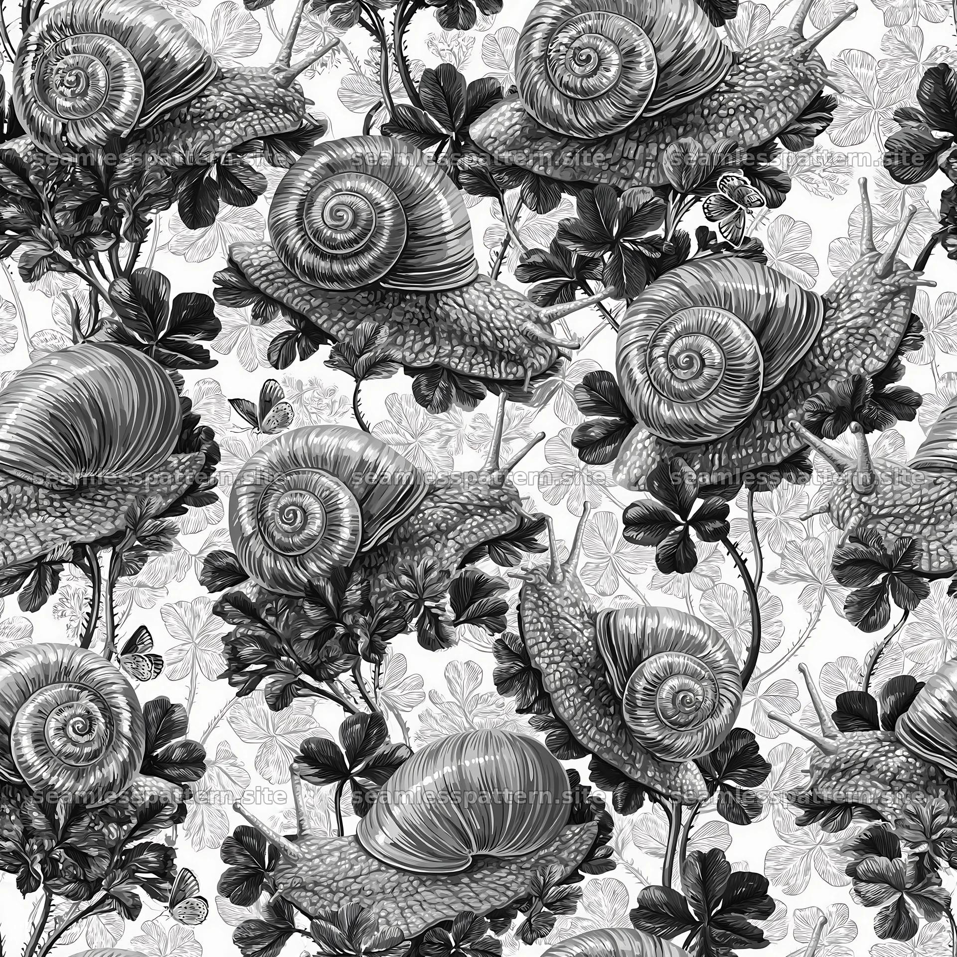Red snail pattern with butterflies, repeating pattern