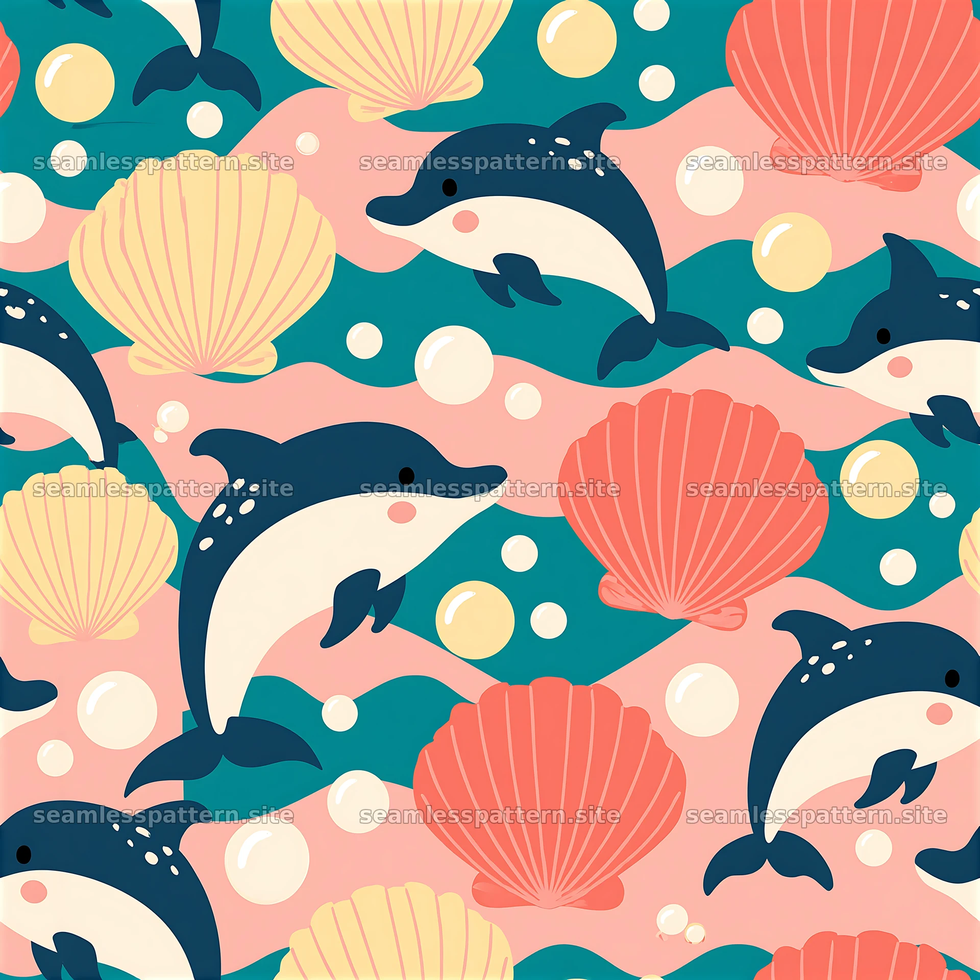 Adorable dolphin seamless pattern for kids with shells and bubbles