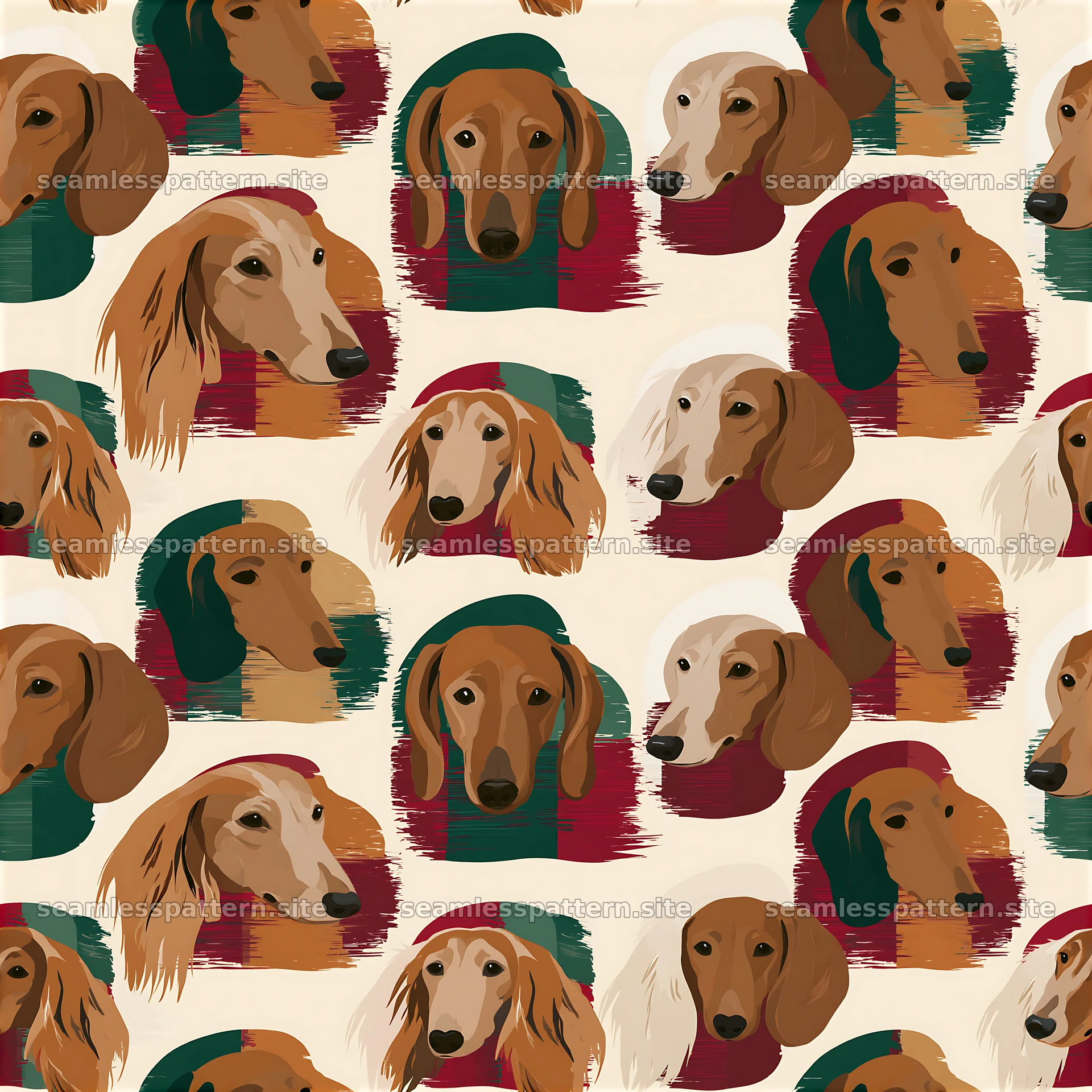 Repeat pattern featuring dachshund heads in various colors