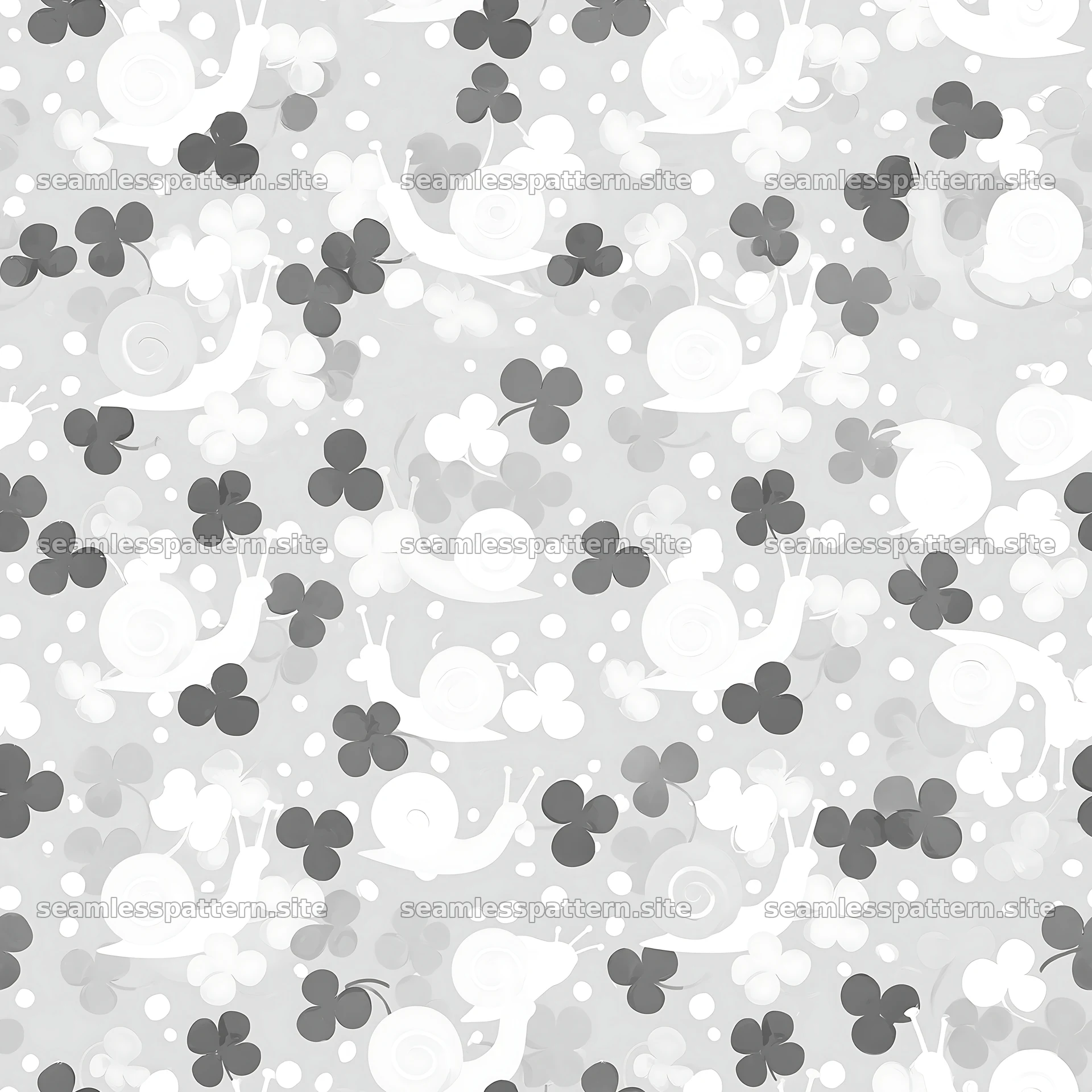 Seamless pattern of snails and clover leaves in monochrome style