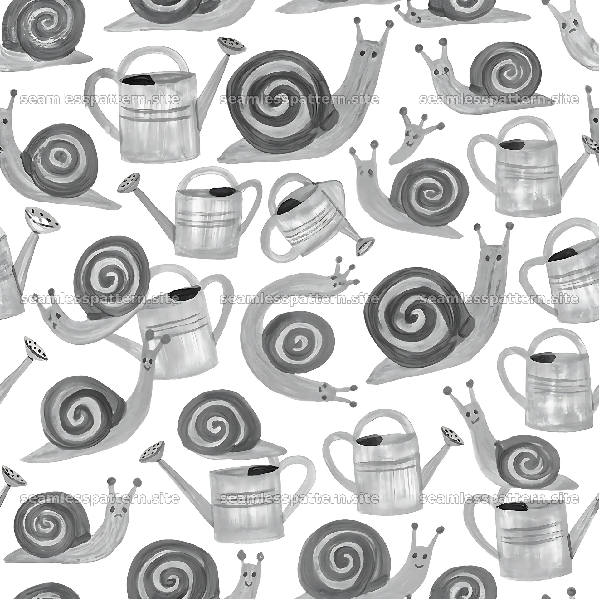 Red snail pattern with watering cans seamless pattern