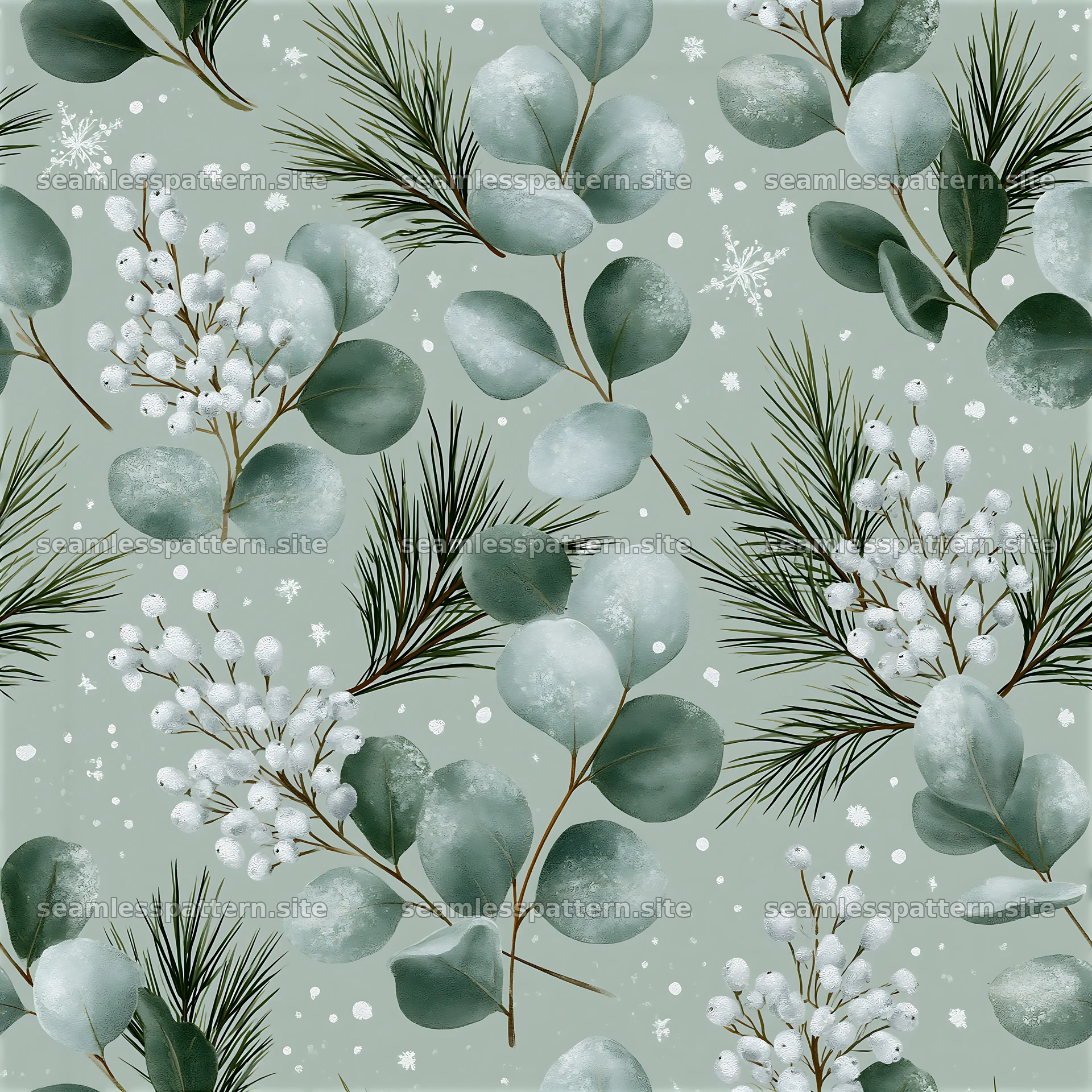 Seamless Christmas packaging pattern with green leaves and snowflakes