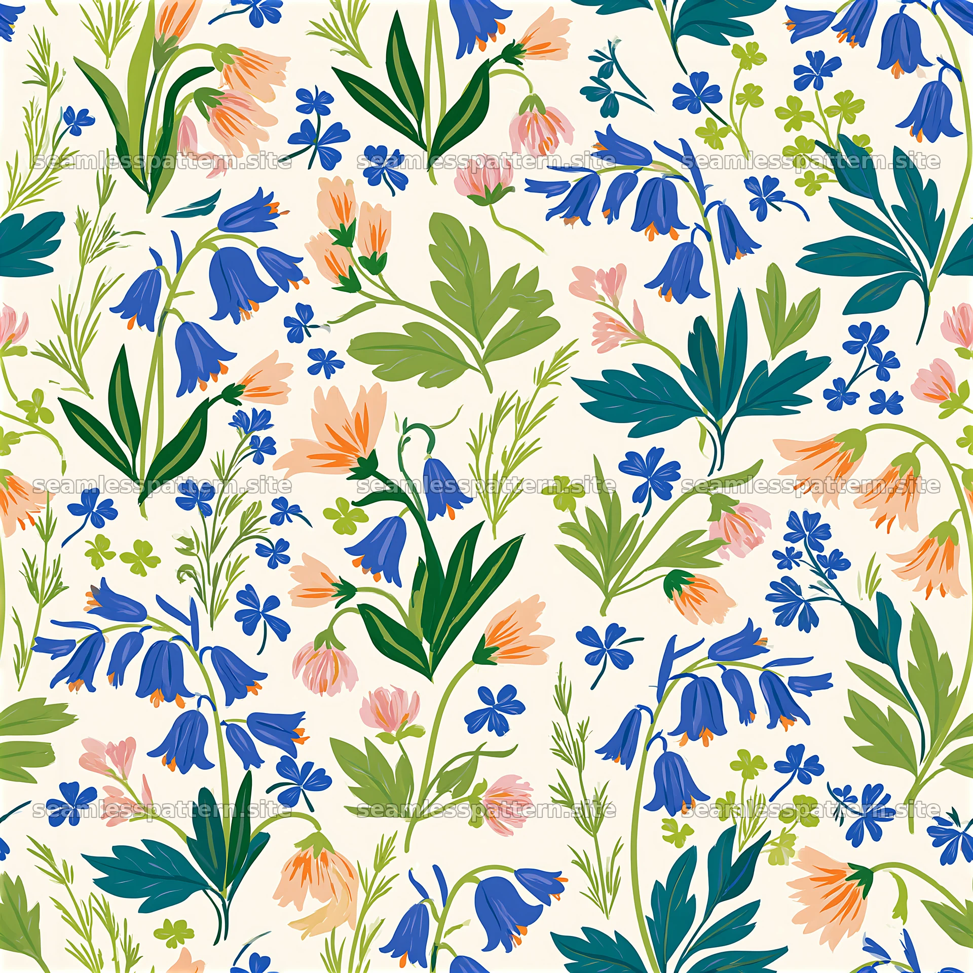 Bright botanical repeat pattern with flowers and green leaves