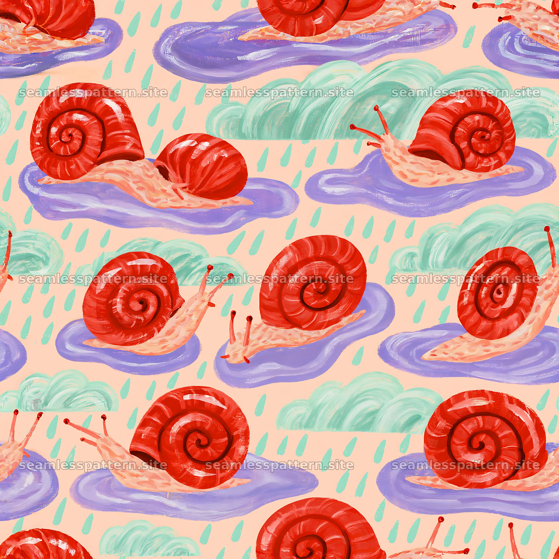 Red snail rainy day seamless pattern