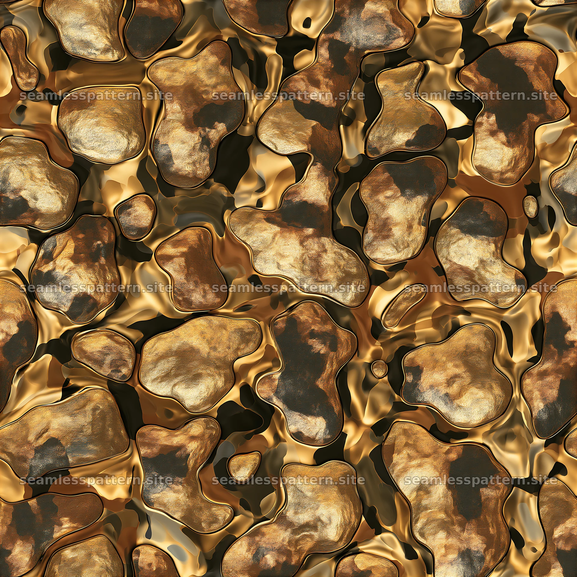 The pattern showcases fluid shapes with a golden liquid effect