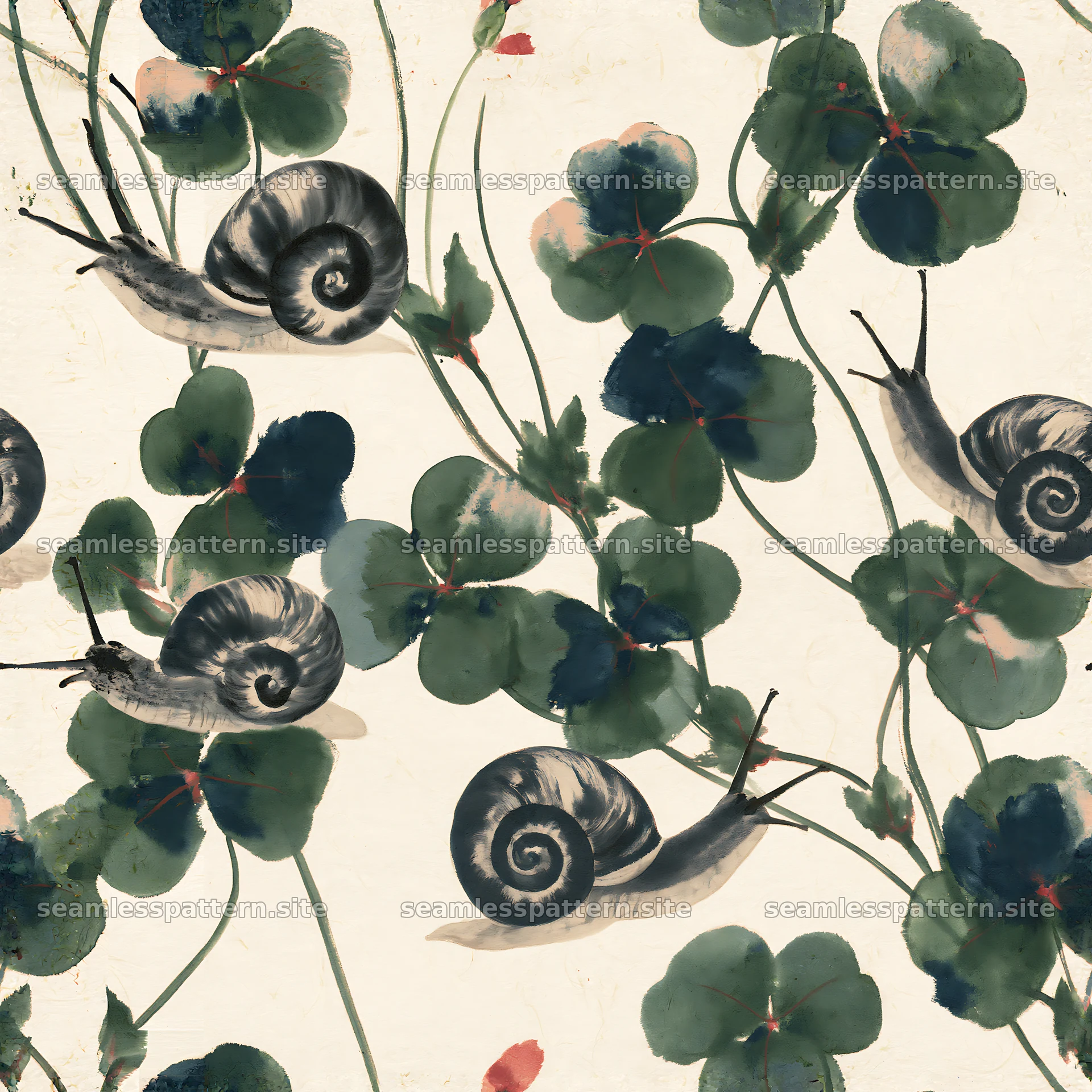 Seamless pattern of snails and clover leaves for textiles