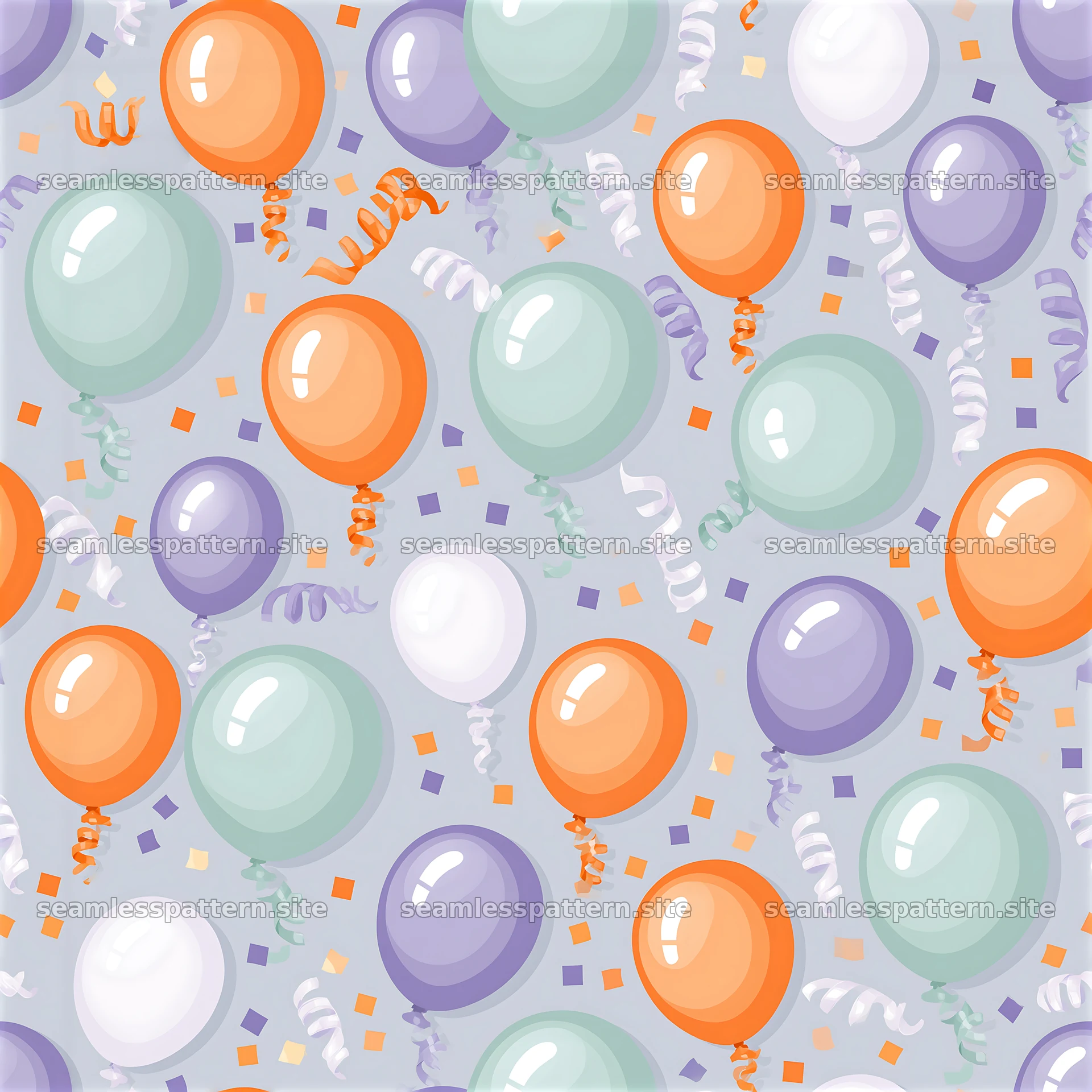 Seamless pattern of balloons with curling ribbons and confetti
