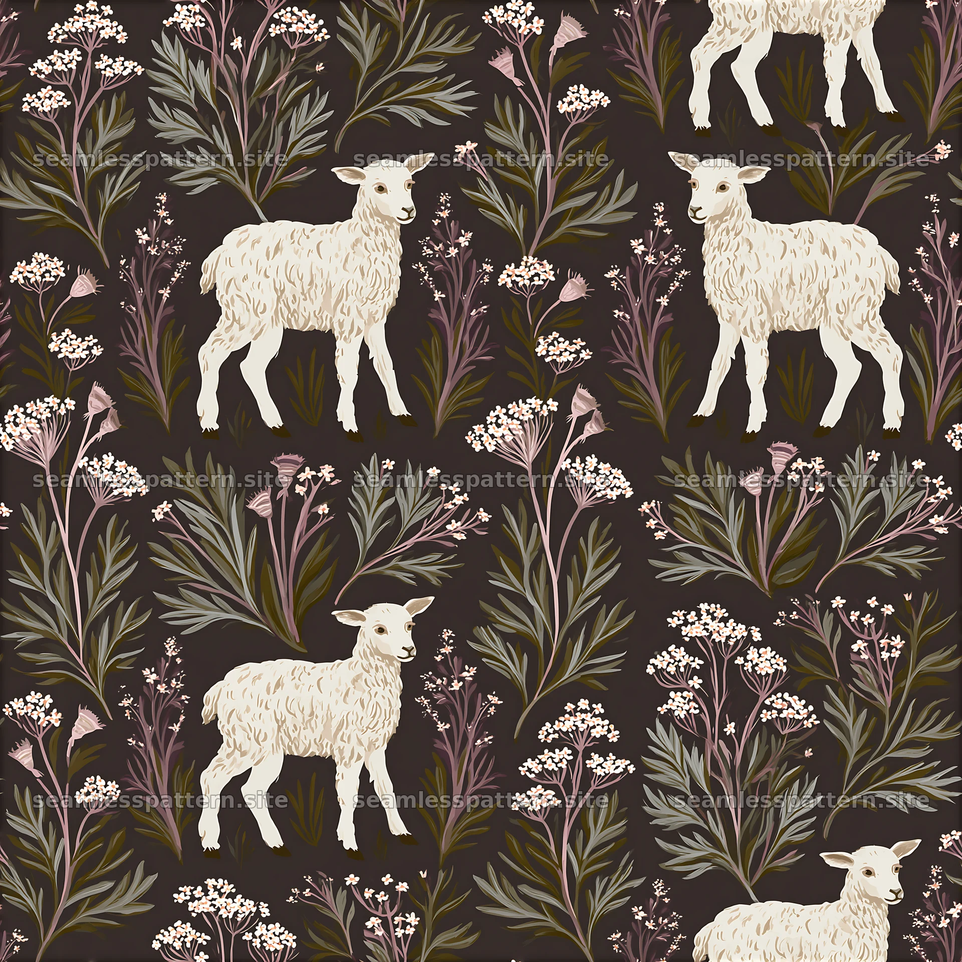 Repeat pattern with gentle lamb illustrations and meadow flowers