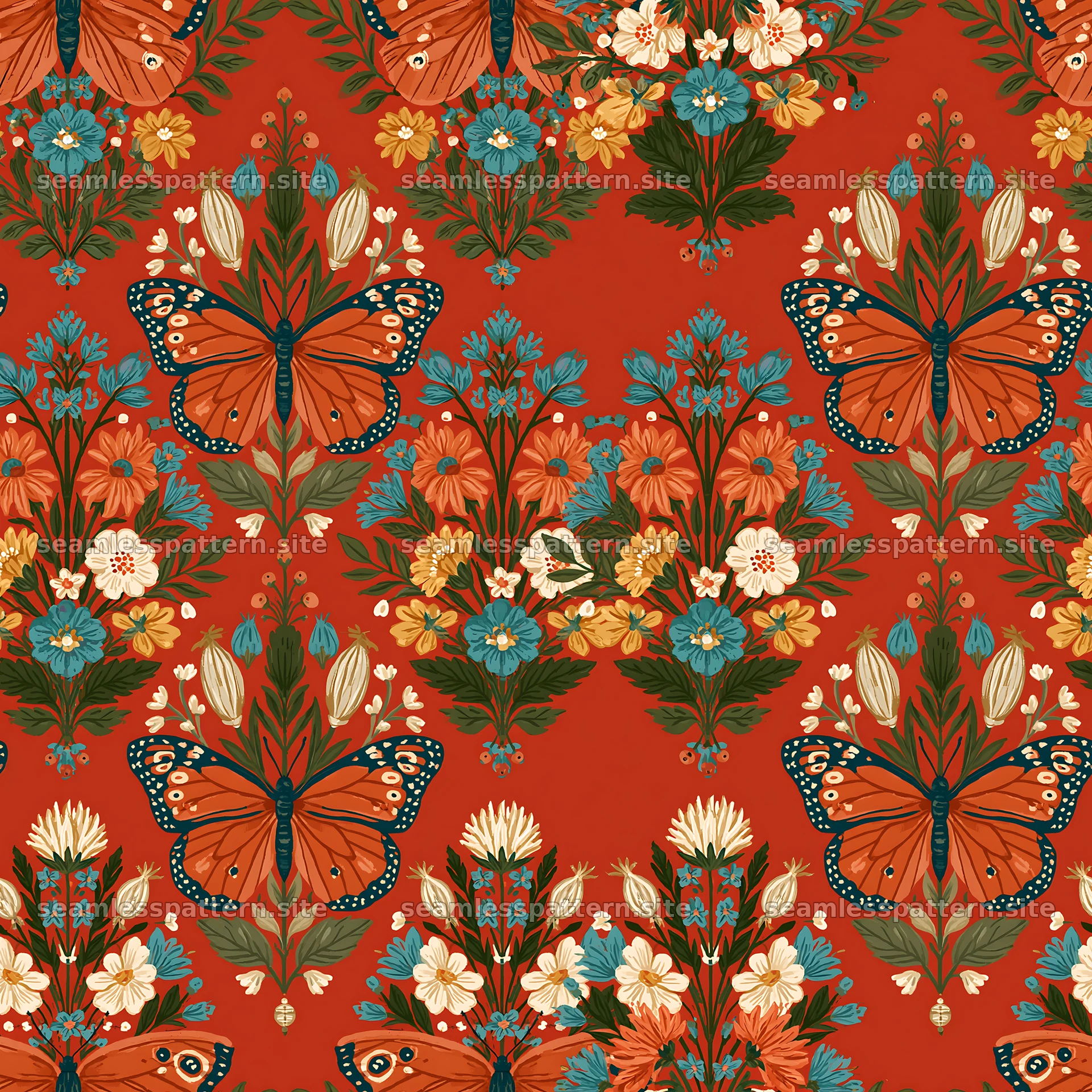 Fairy garden butterfly seamless pattern with floral motifs