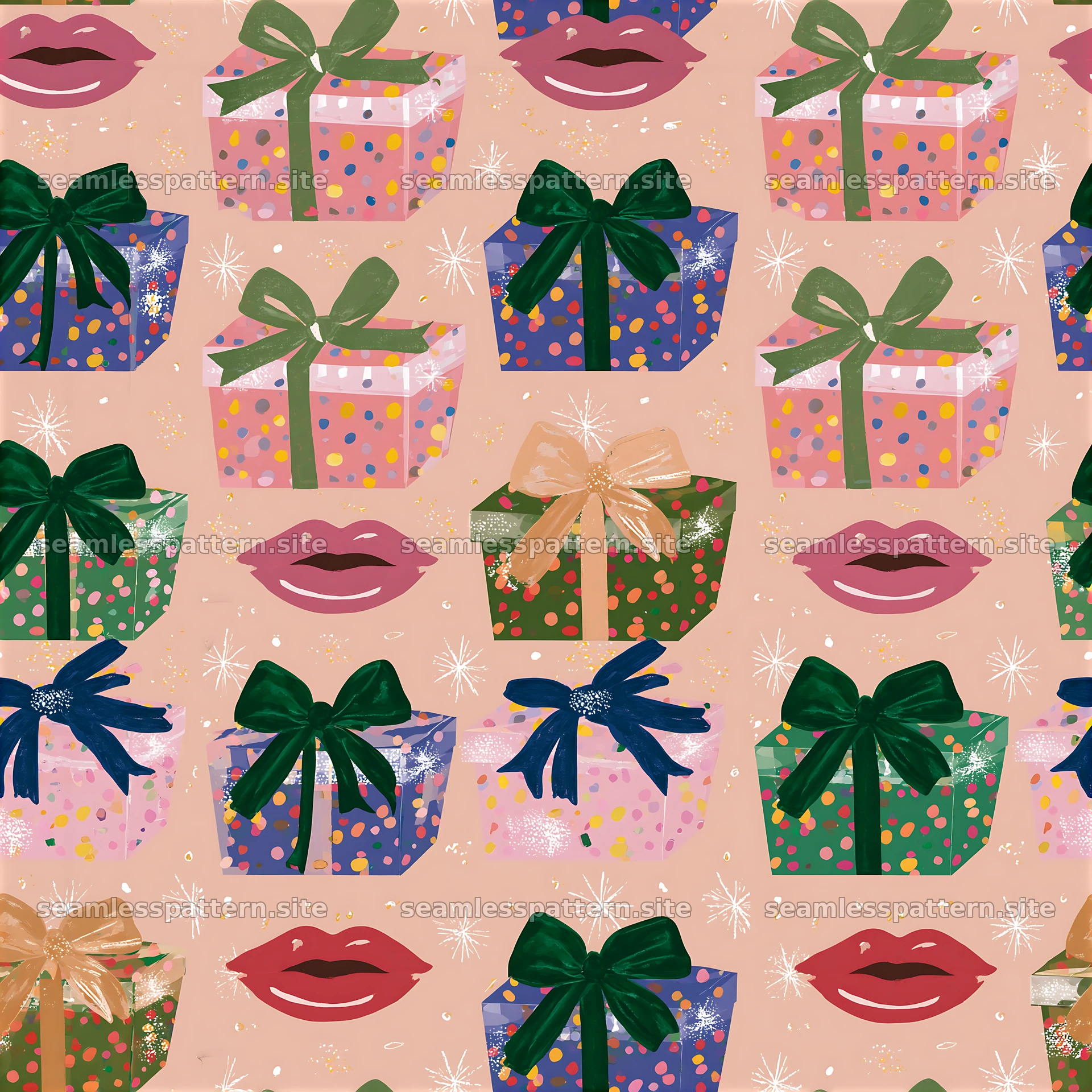 Repeat pattern of kissing lips and colorful presents