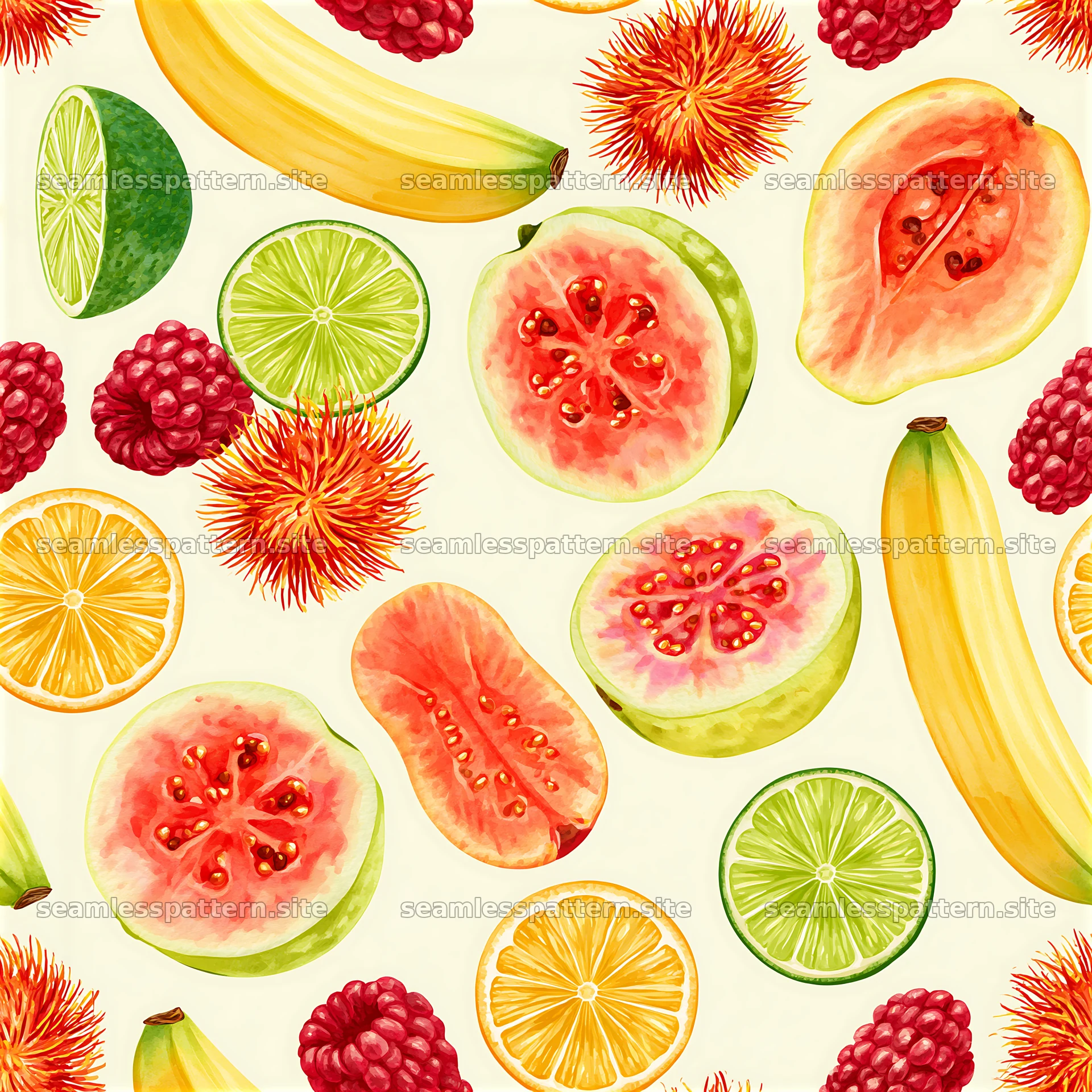 Bright tropical fruit seamless pattern with bananas and raspberries