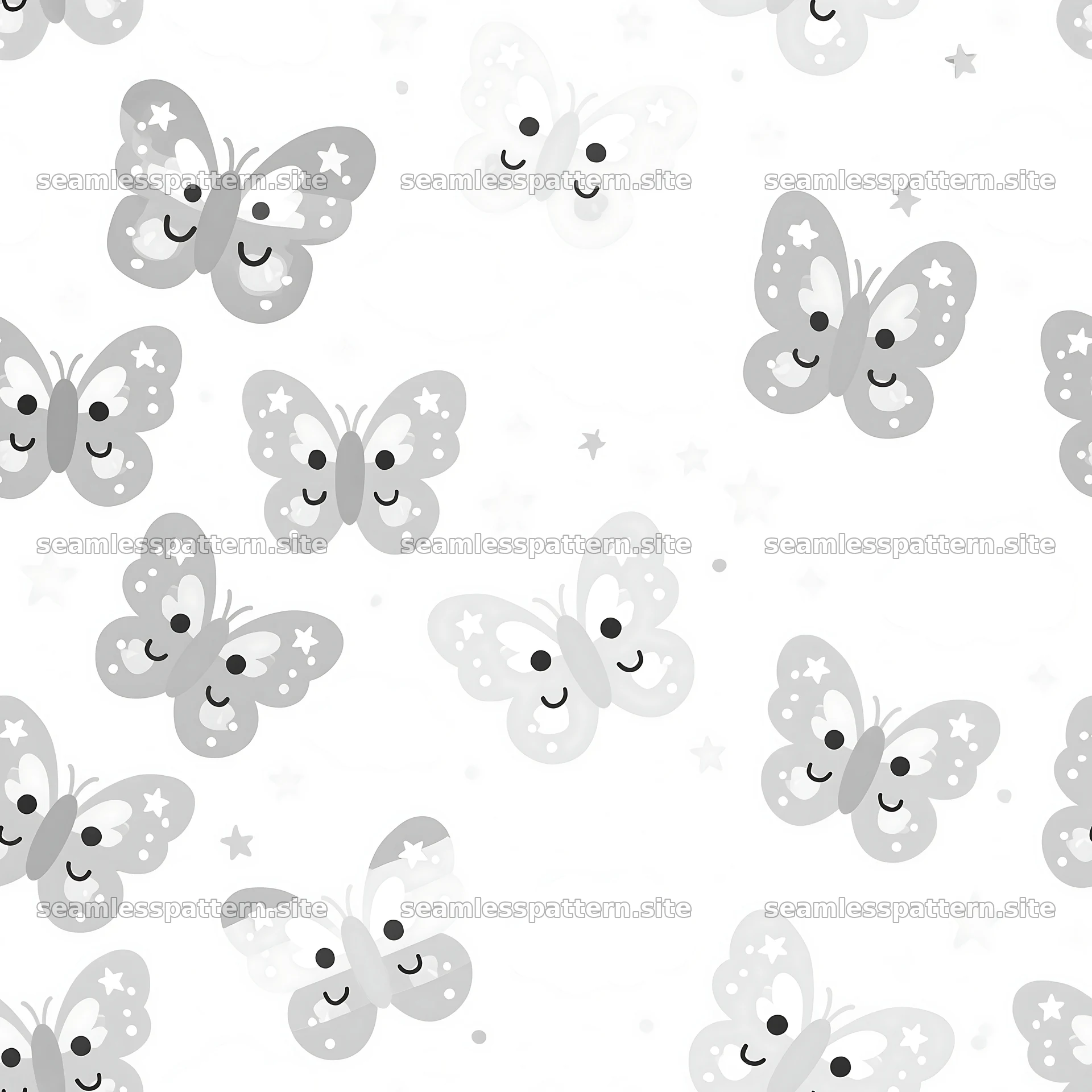 Kawaii butterfly seamless pattern in black and white
