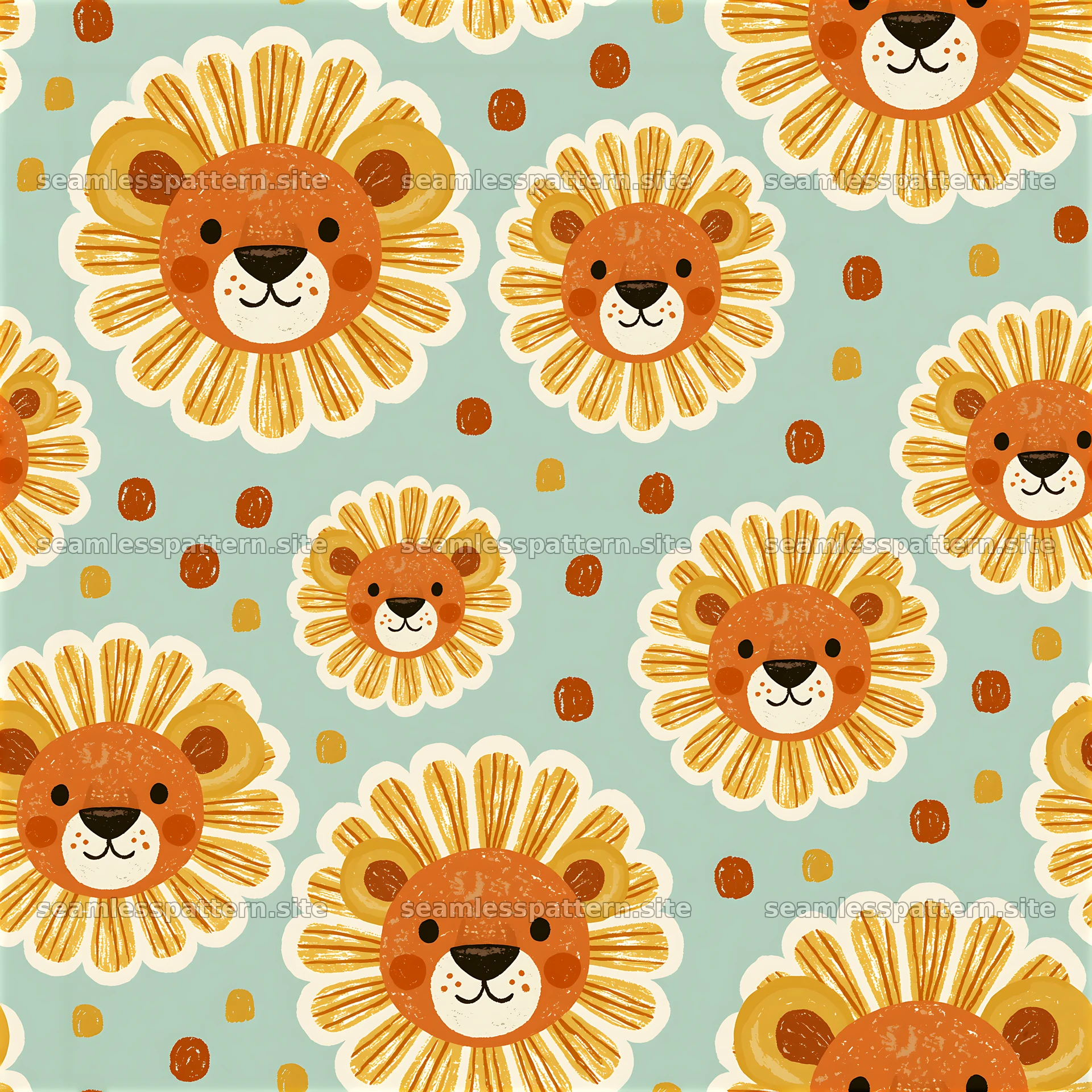 Safari nursery lion face repeat pattern of playful lion faces