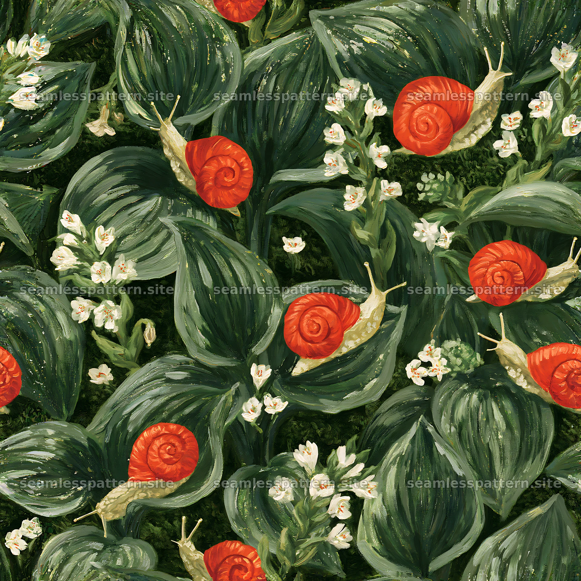 Red garden snail repeat pattern for fabric and wallpaper