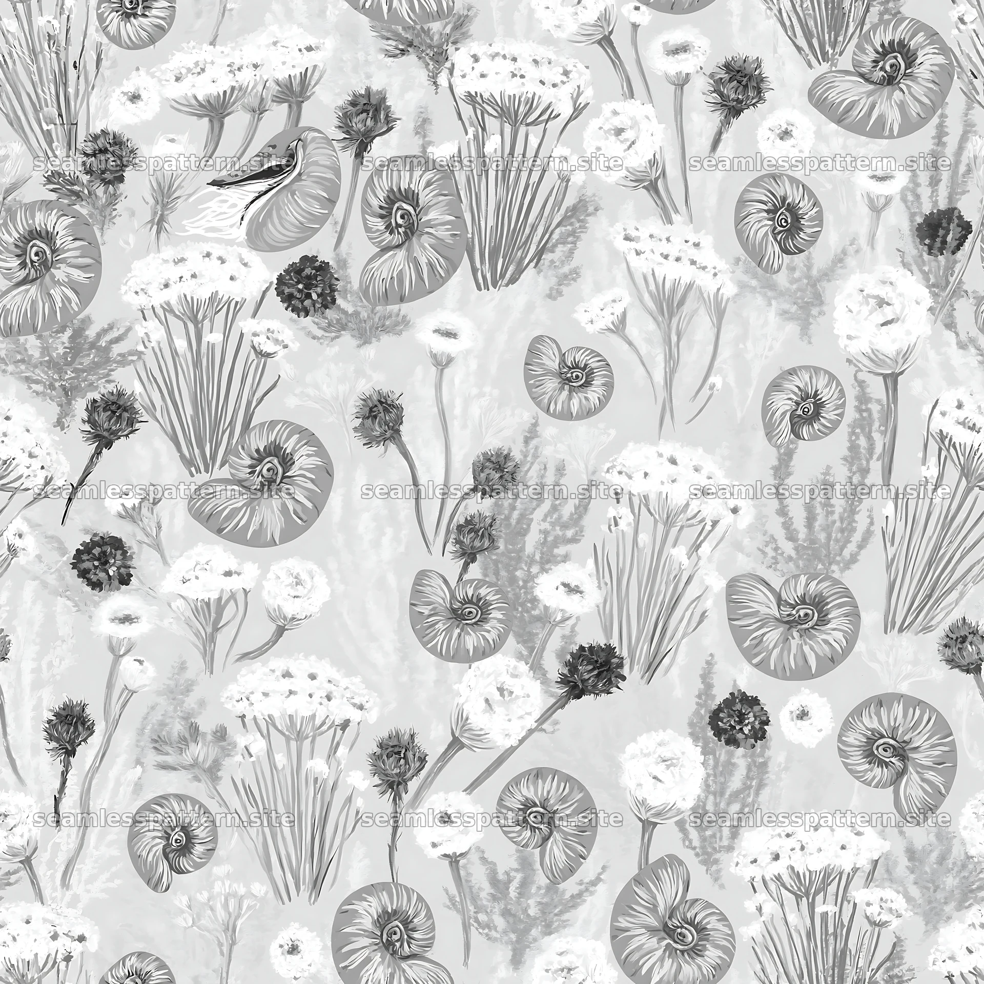 Seamless pattern of spiral shells and moss in monochrome style