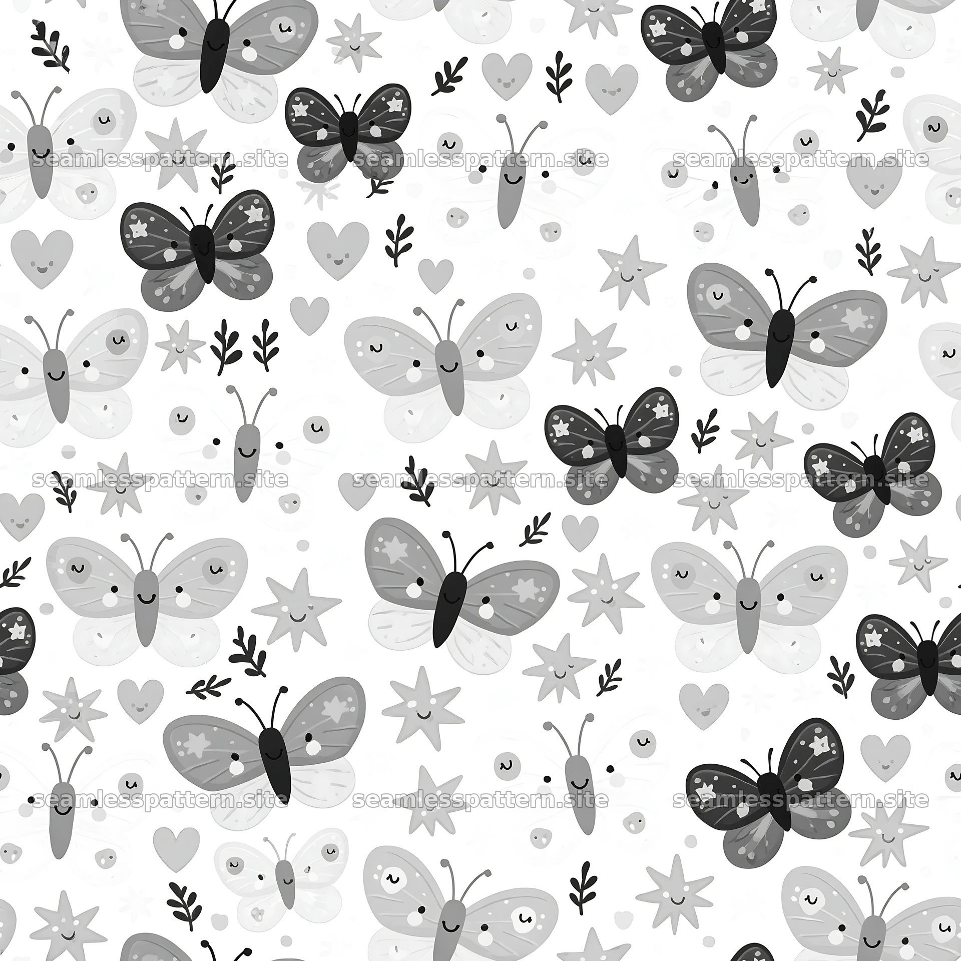 Kawaii butterfly seamless pattern in black and white