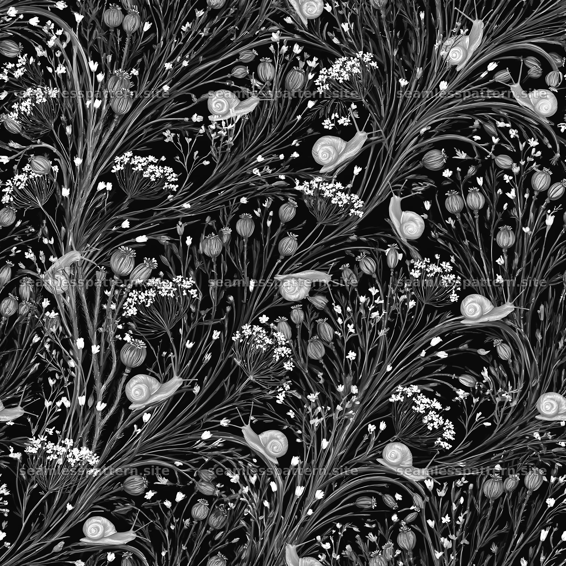 Red snail botanical repeat pattern with black background