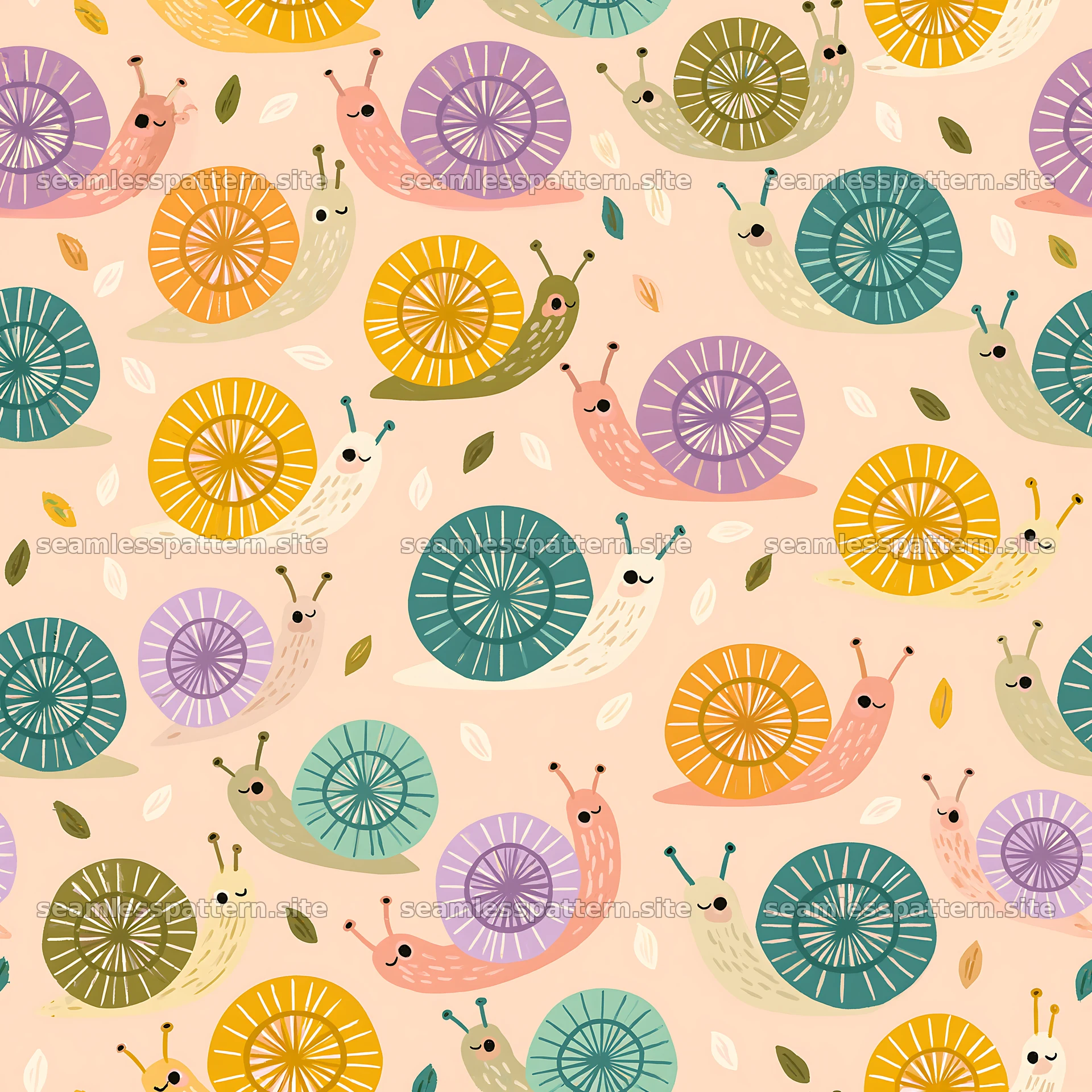 Seamless snail pattern for nursery fabric with colorful motifs