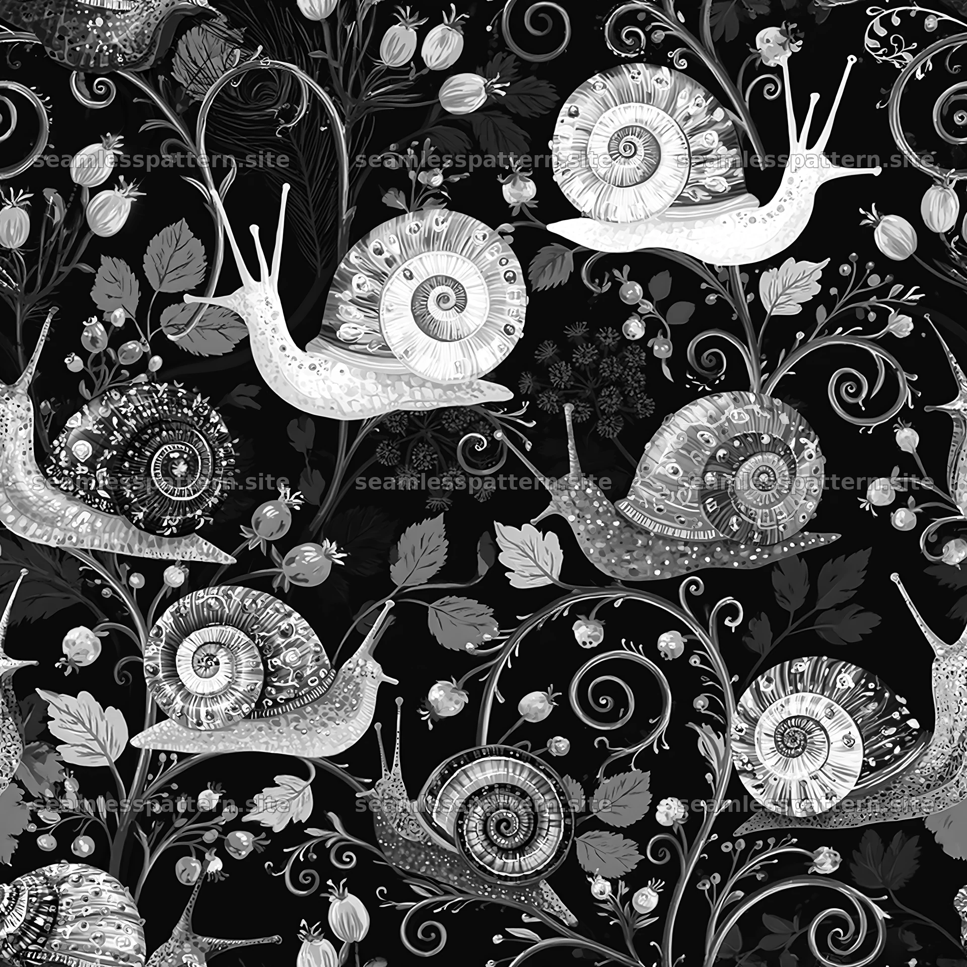 Seamless pattern of colorful garden snails on a dark background
