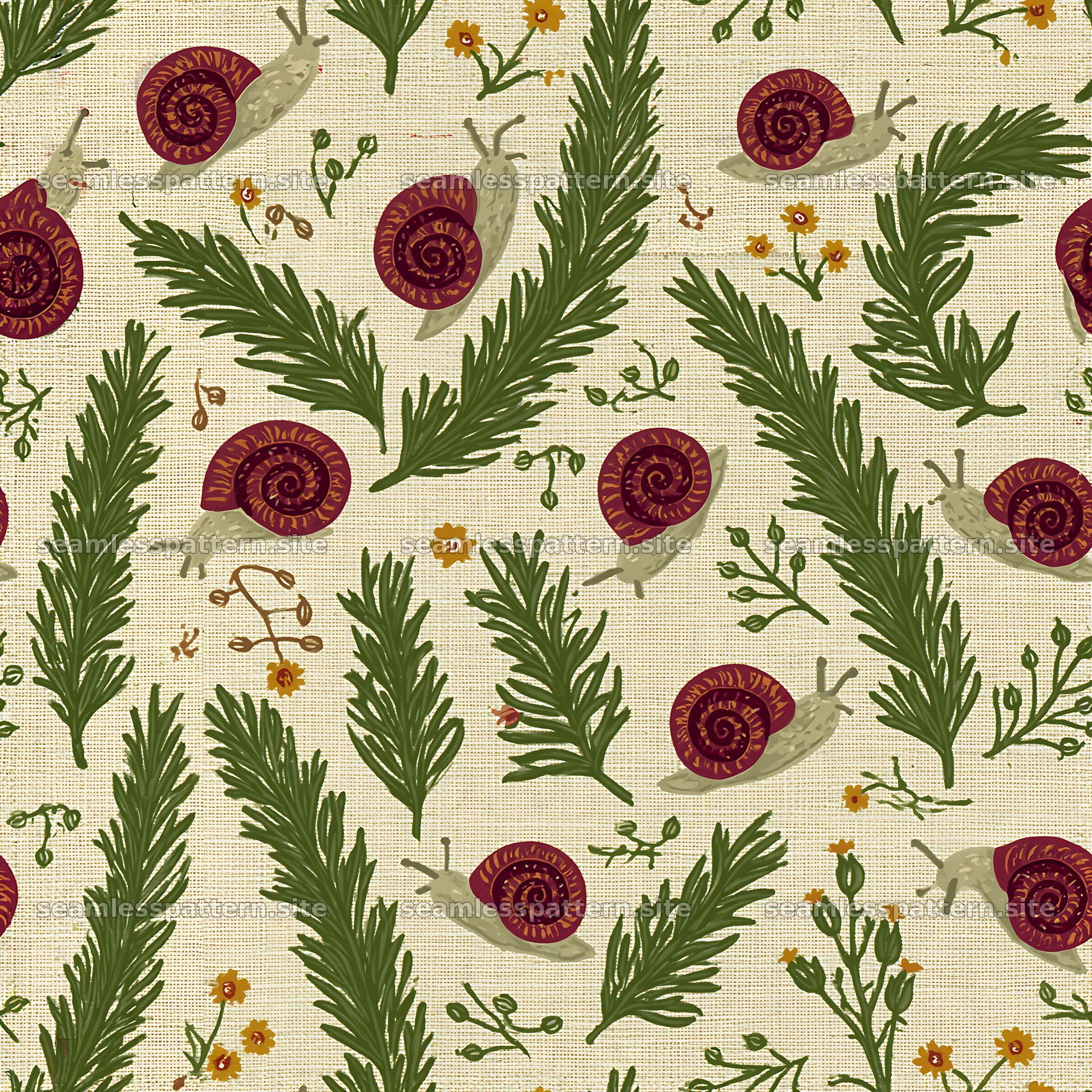 Red snail botanical repeat pattern for fabric and wallpaper