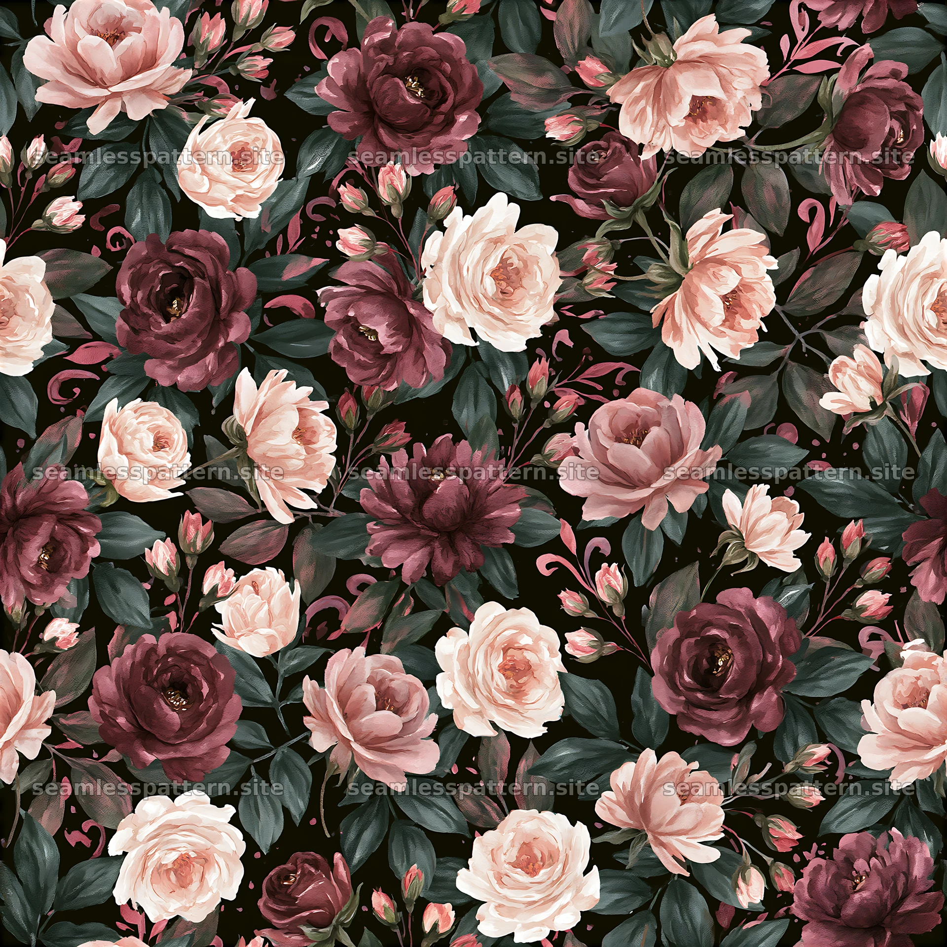 Watercolor floral repeat pattern with dark background and roses