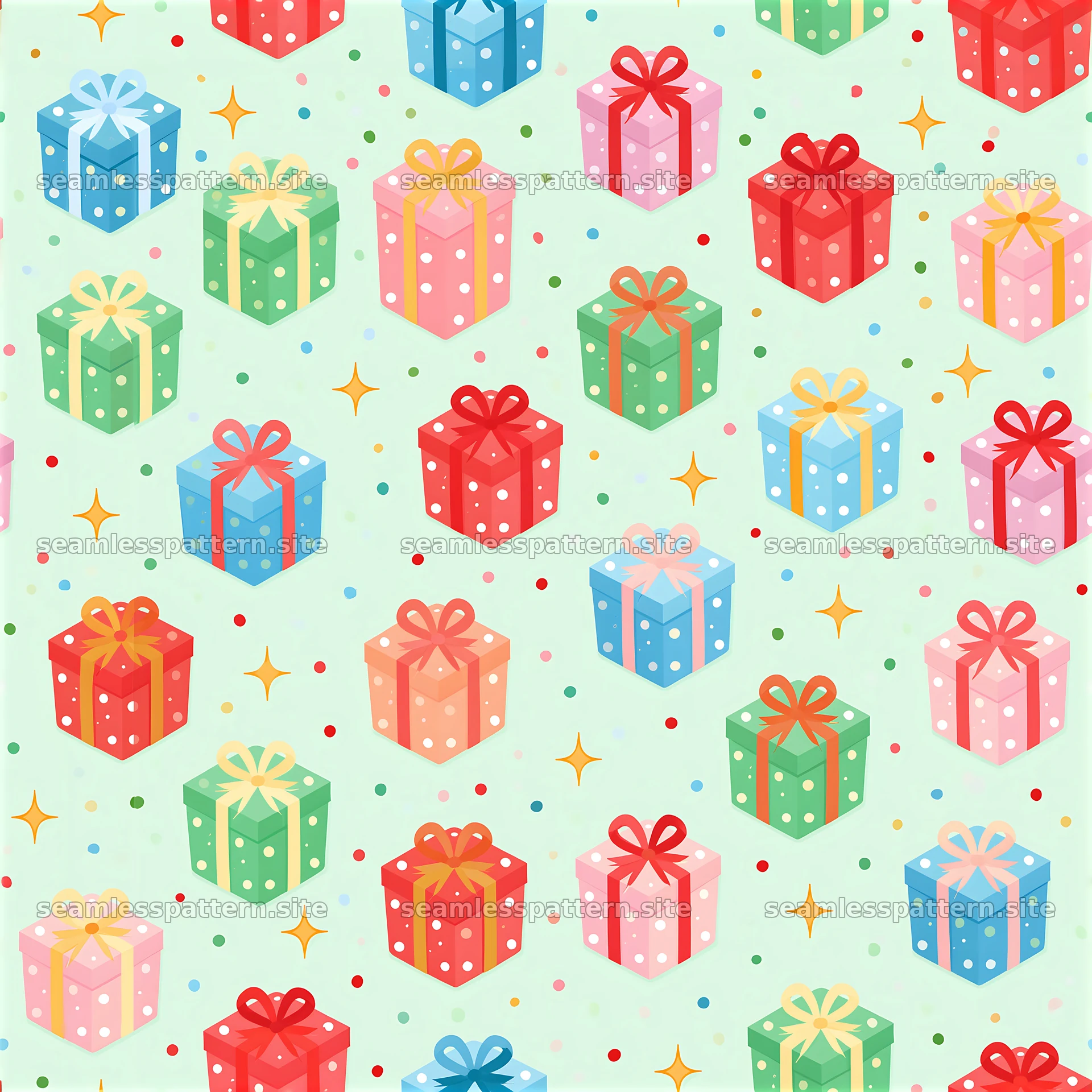 Repeating pattern with cheerful gift boxes on a light green background