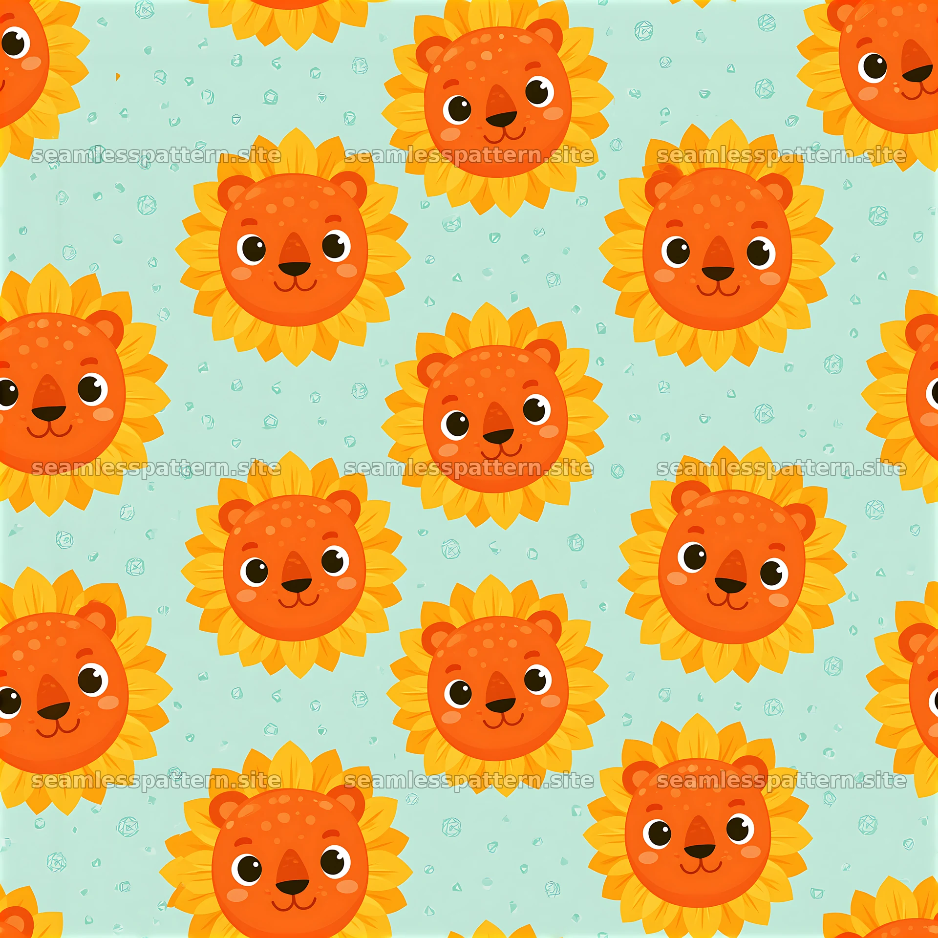 Cute cartoon lion face tileable pattern with flowers and colors